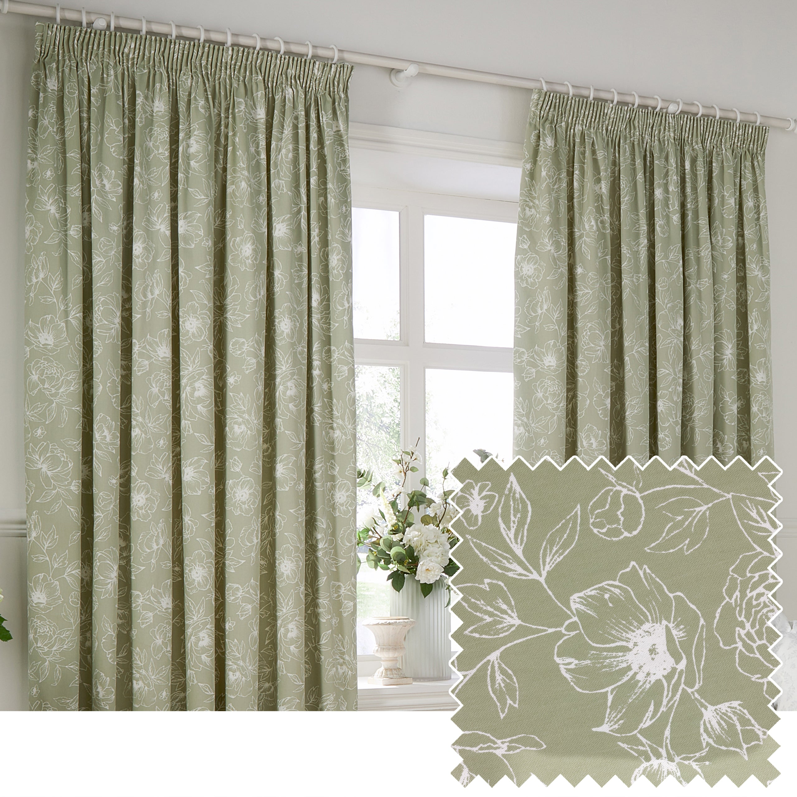Bella Floral 100% Cotton Lined Pencil Pleat Curtains