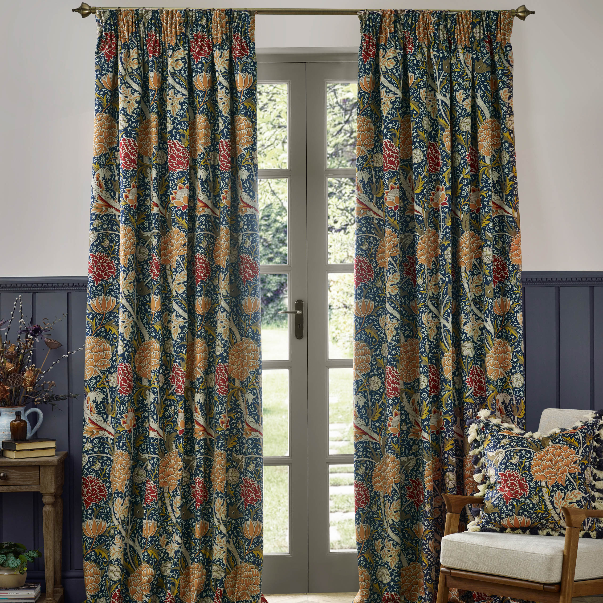 Cray Floral Velvet Pencil Pleat Curtains