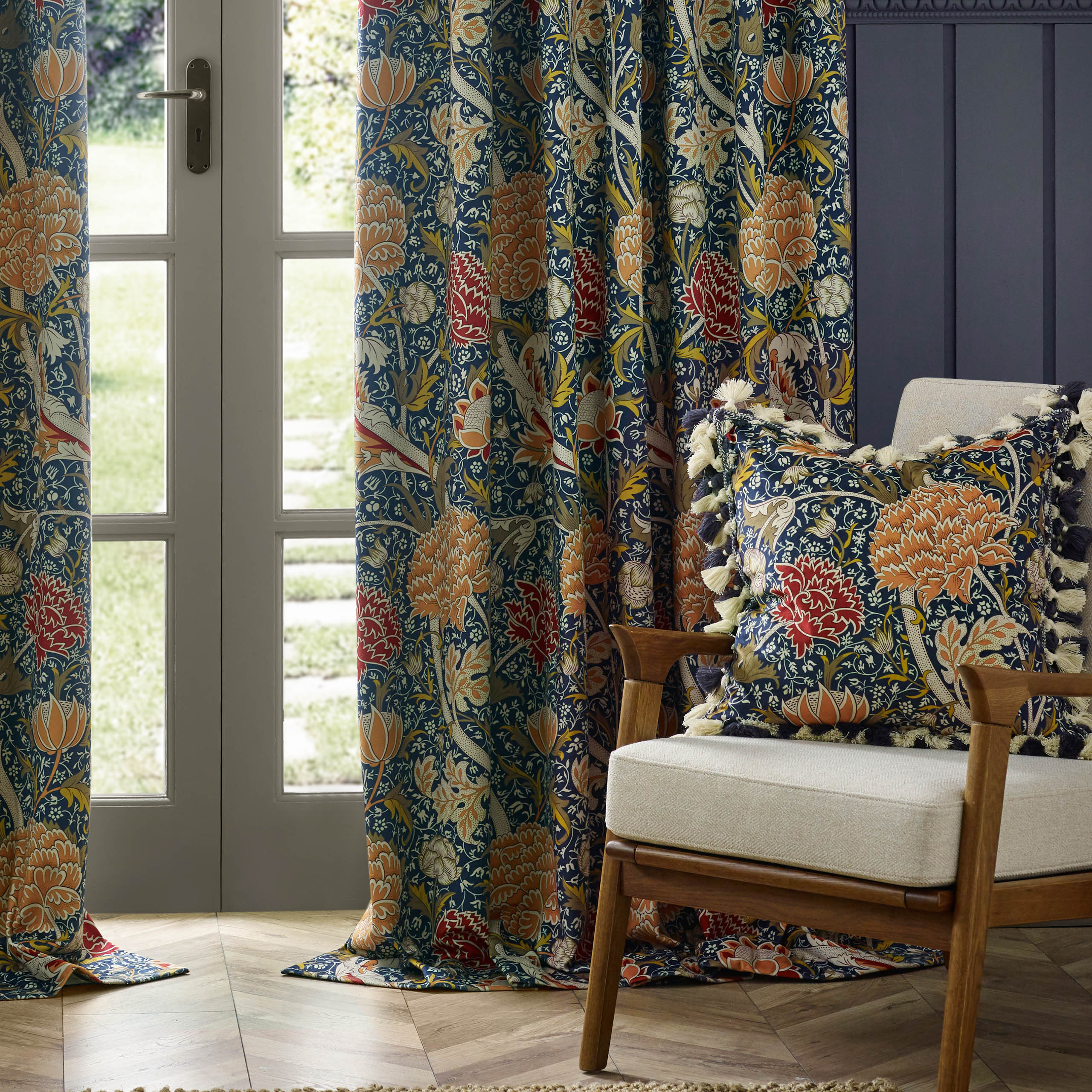 Cray Floral Velvet Pencil Pleat Curtains