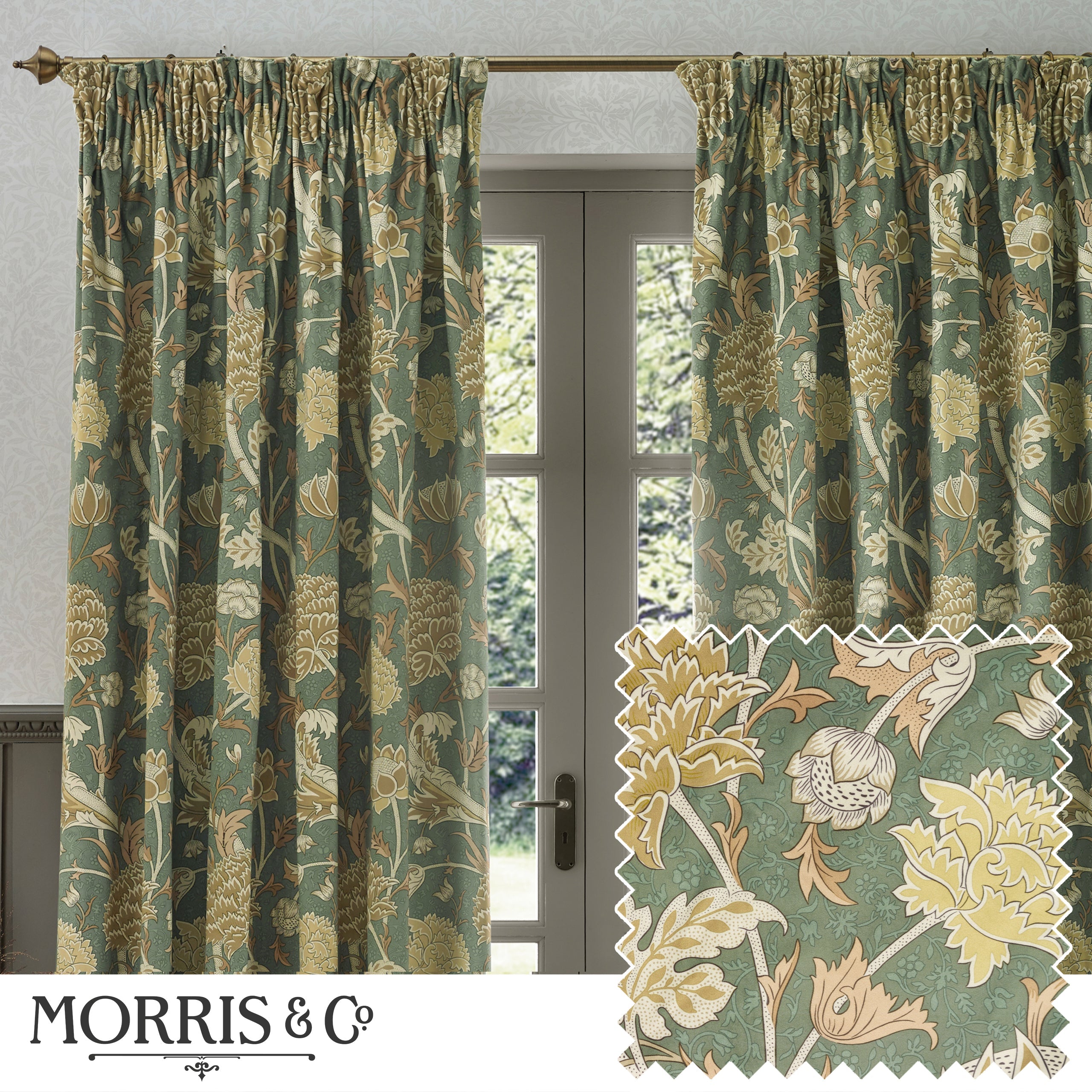 Cray Floral Velvet Pencil Pleat Curtains