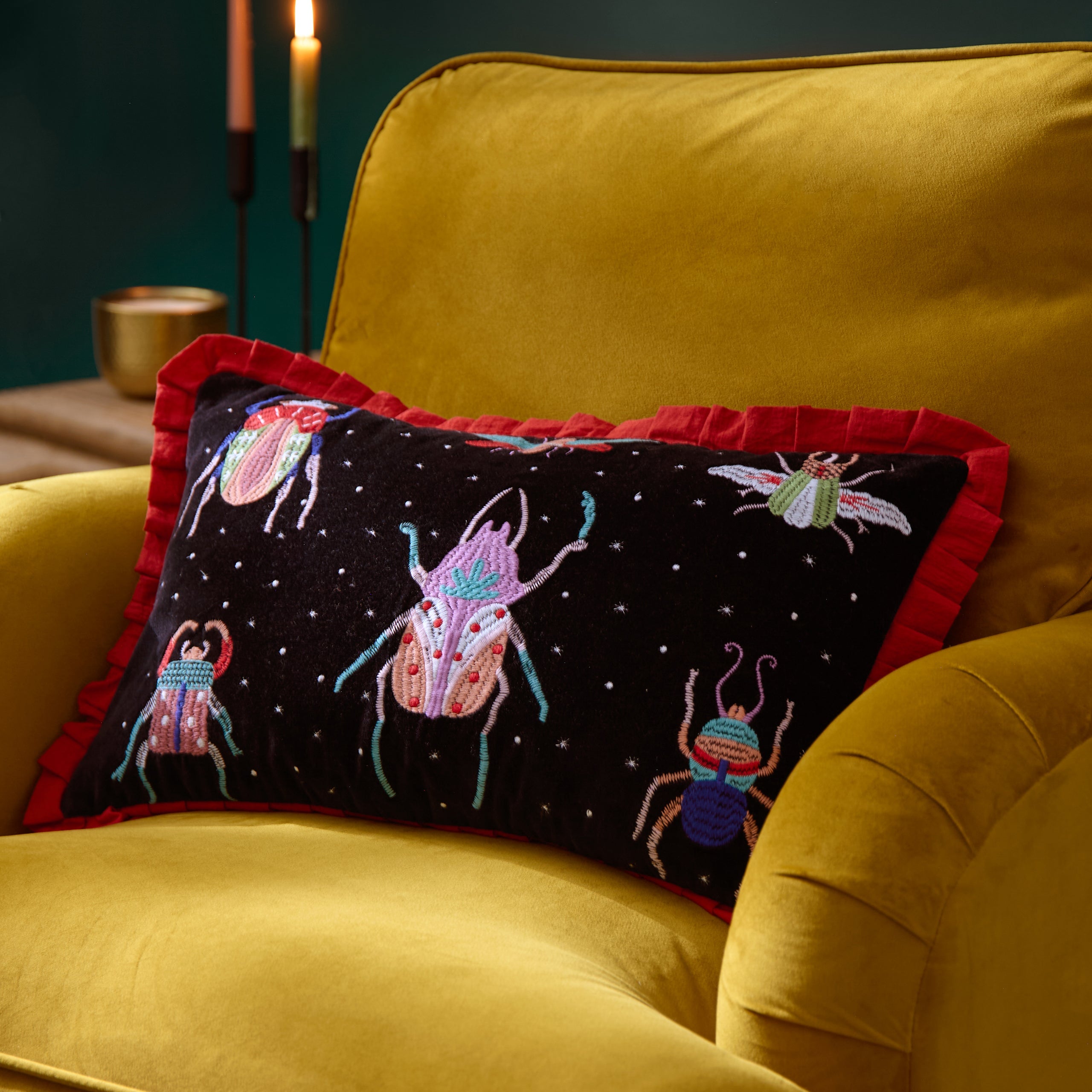Darkling Beetles Embroidered Velvet Cushion