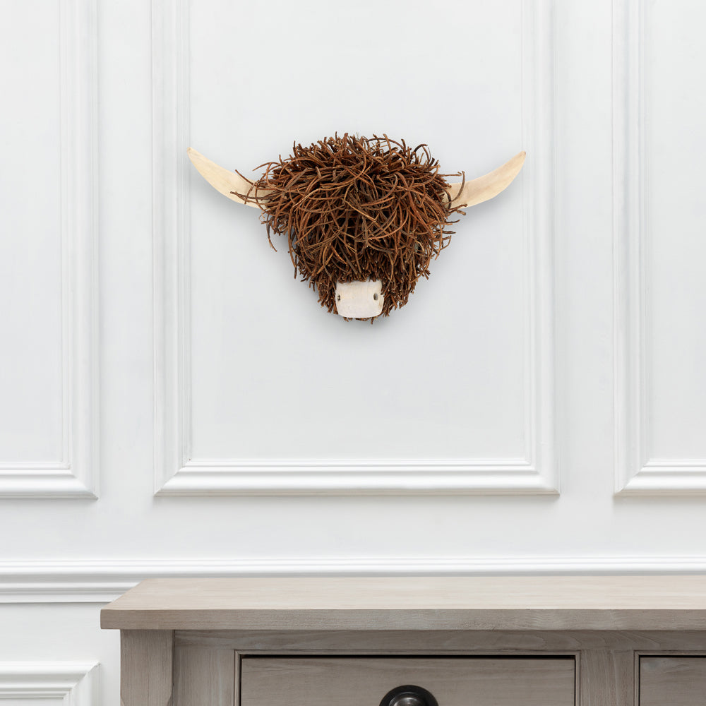 Hewie Highland Cow Wall Mounted Hand Crafted Wooden Sculpture