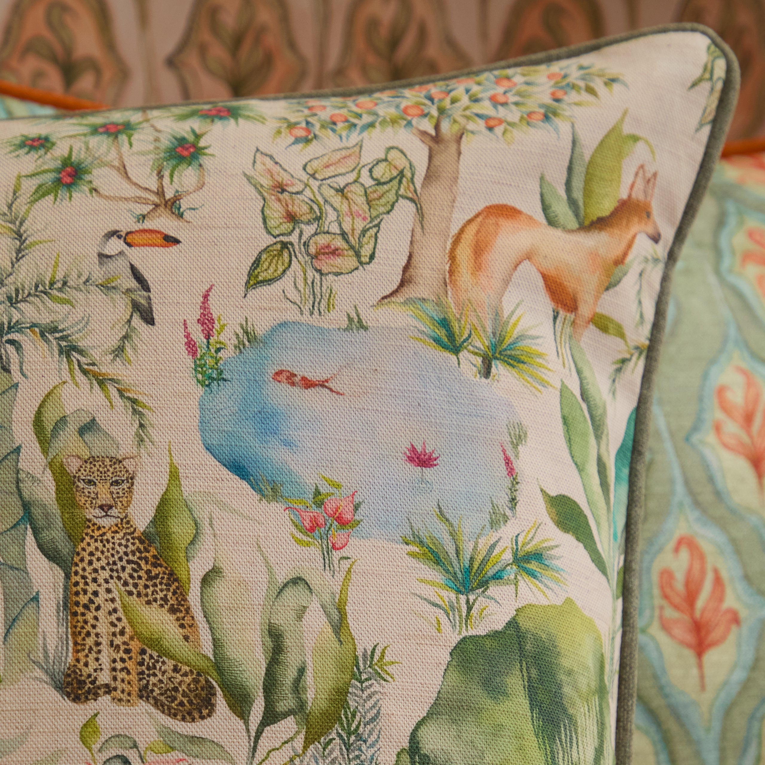 Jungle Serene Printed Piped Cushion