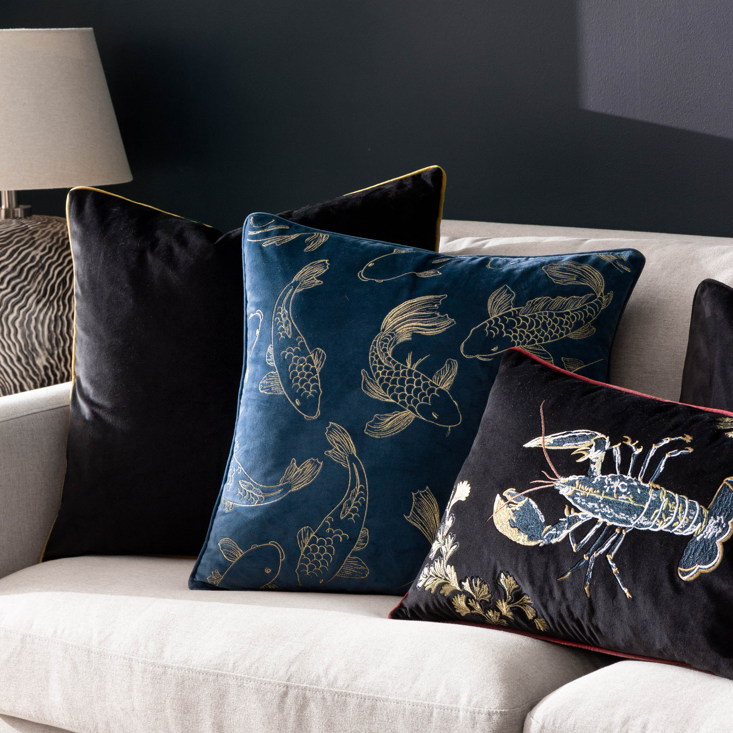 Koi Pond Embroidered Velvet Cushion