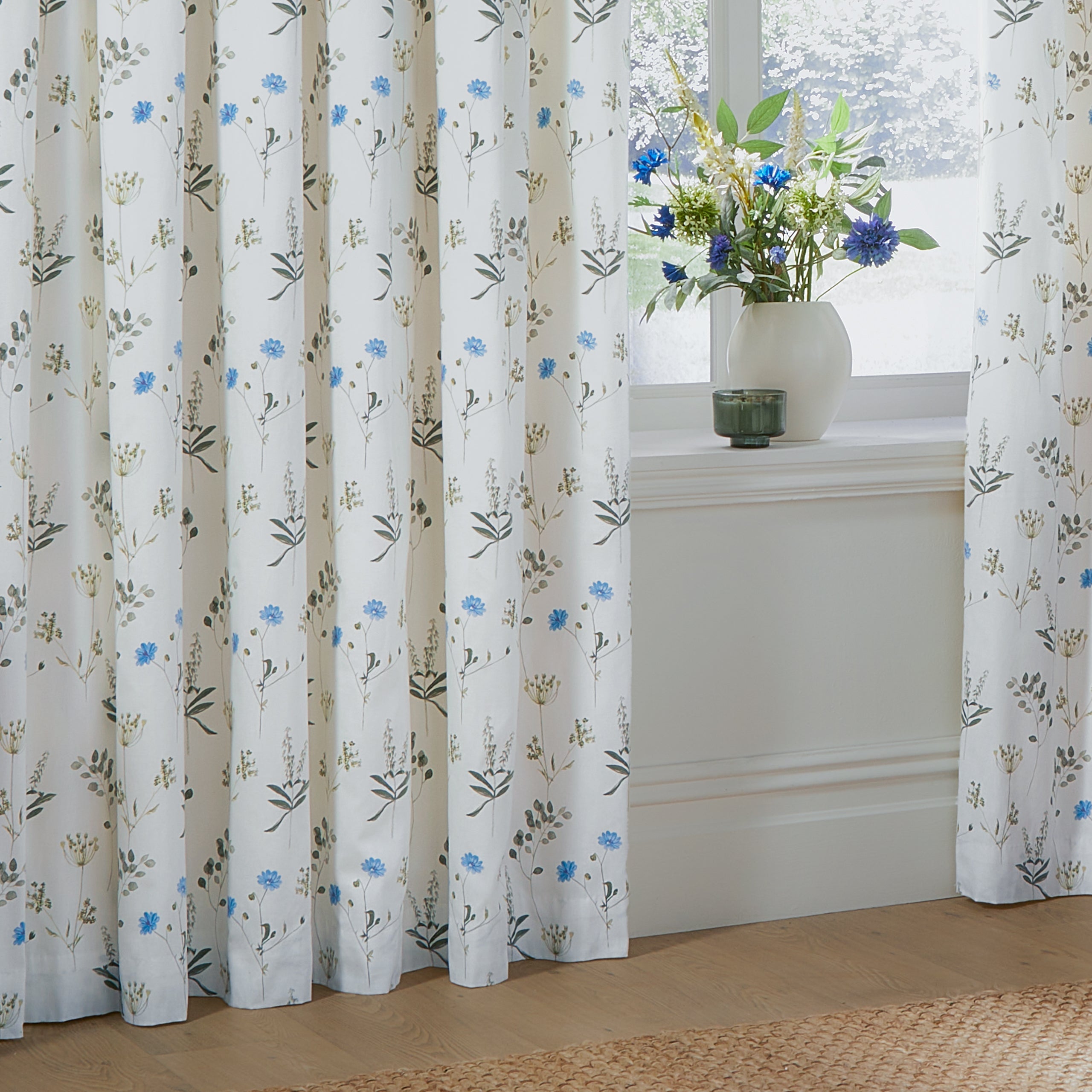 Meadow Floral 100% Cotton Lined Pencil Pleat Curtains