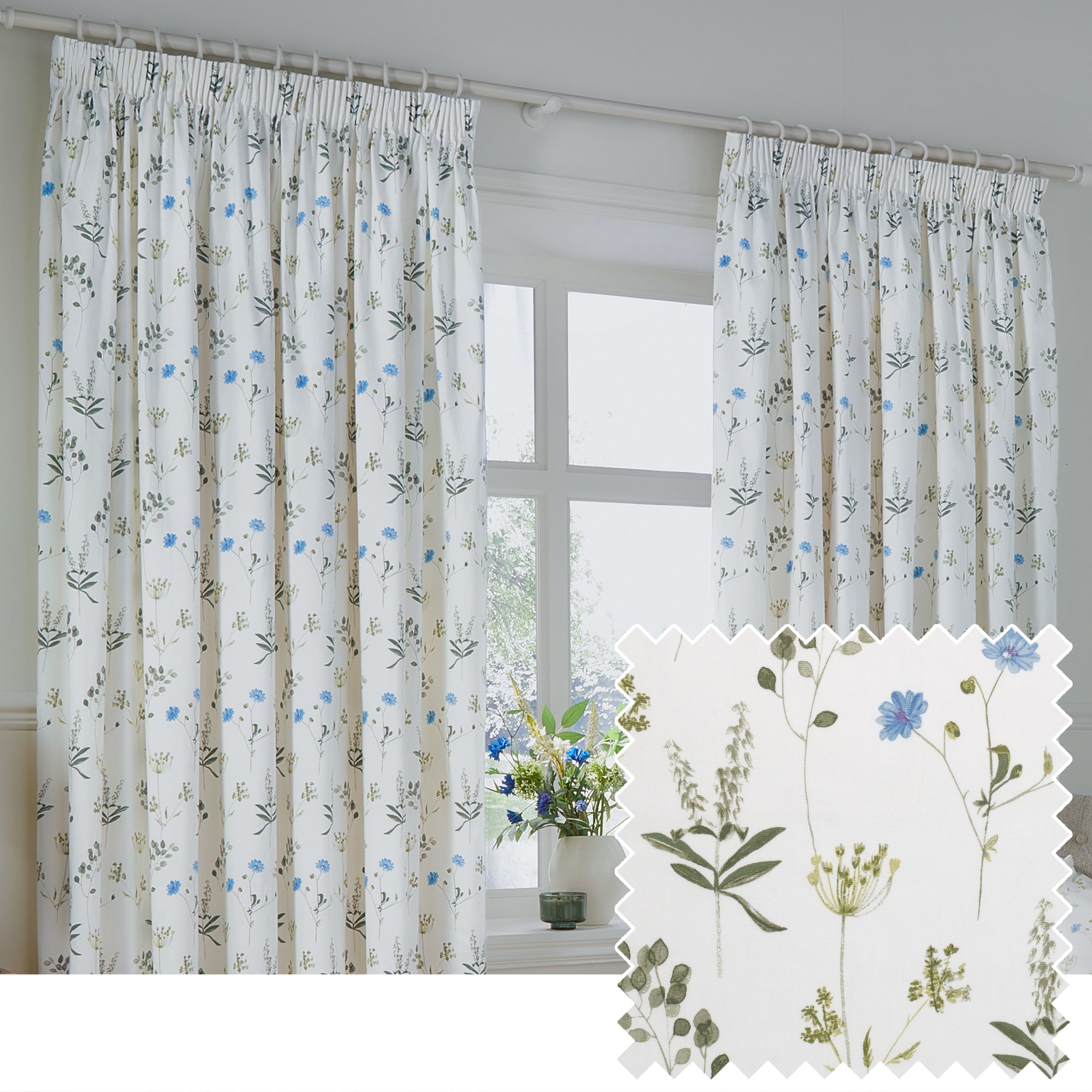 Meadow Floral 100% Cotton Lined Pencil Pleat Curtains