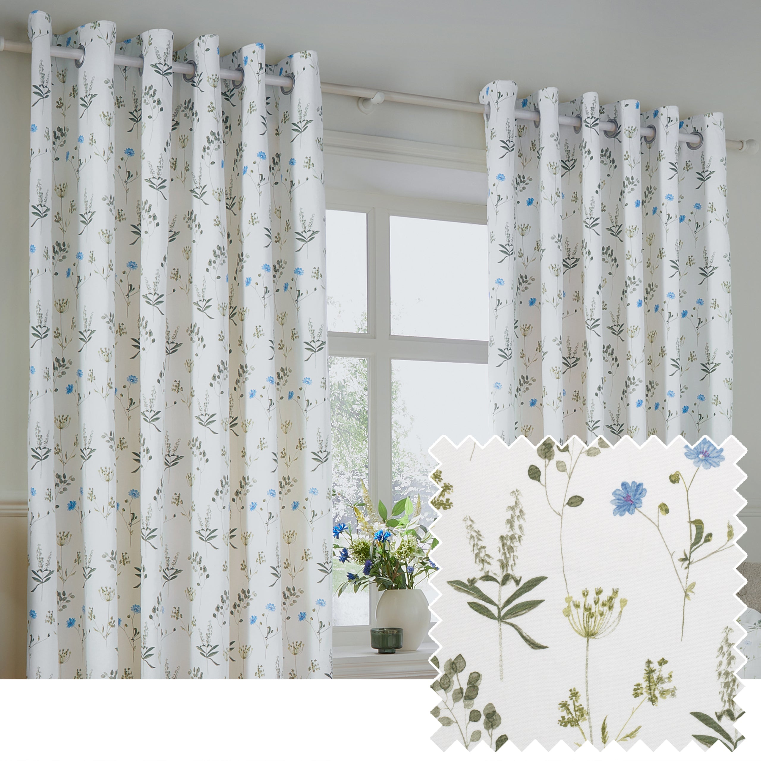 Meadow Floral 100% Cotton Lined Eyelet Curtains