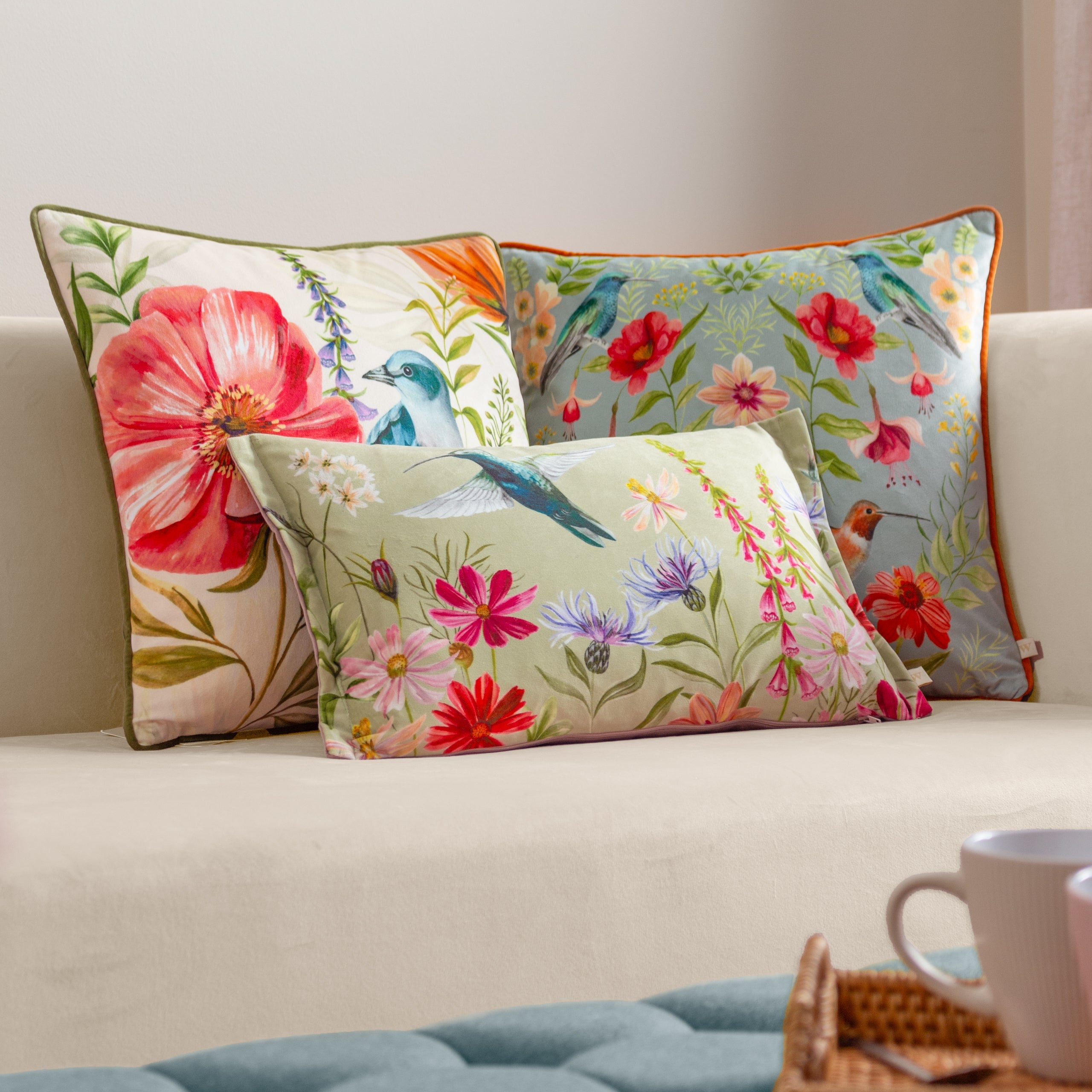 Nectar Garden Bluebird Piped Velvet Cushion