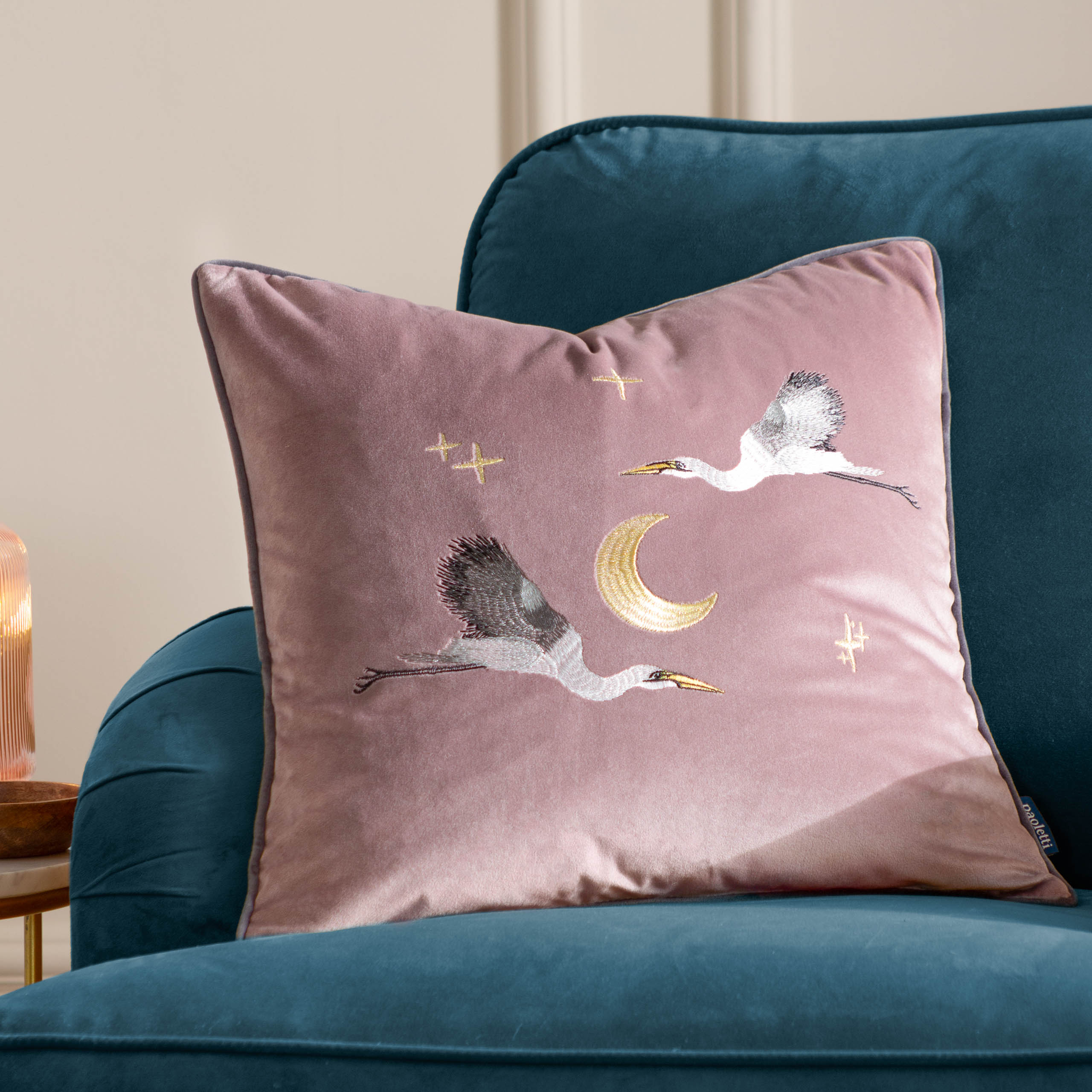 Moonlit Flight Embroidered Velvet Cushion