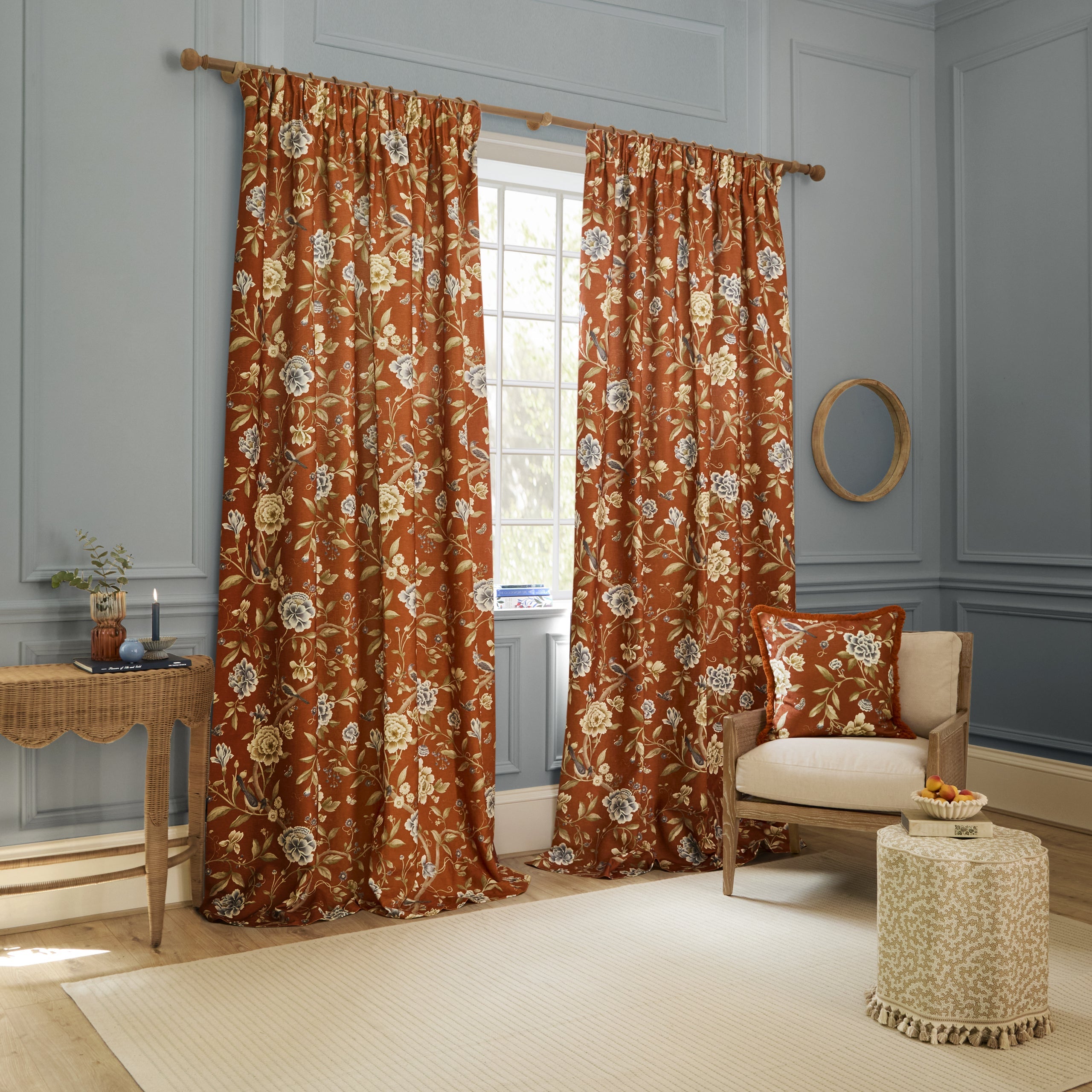 Porcelain Garden Printed Chenille Pencil Pleat Curtains