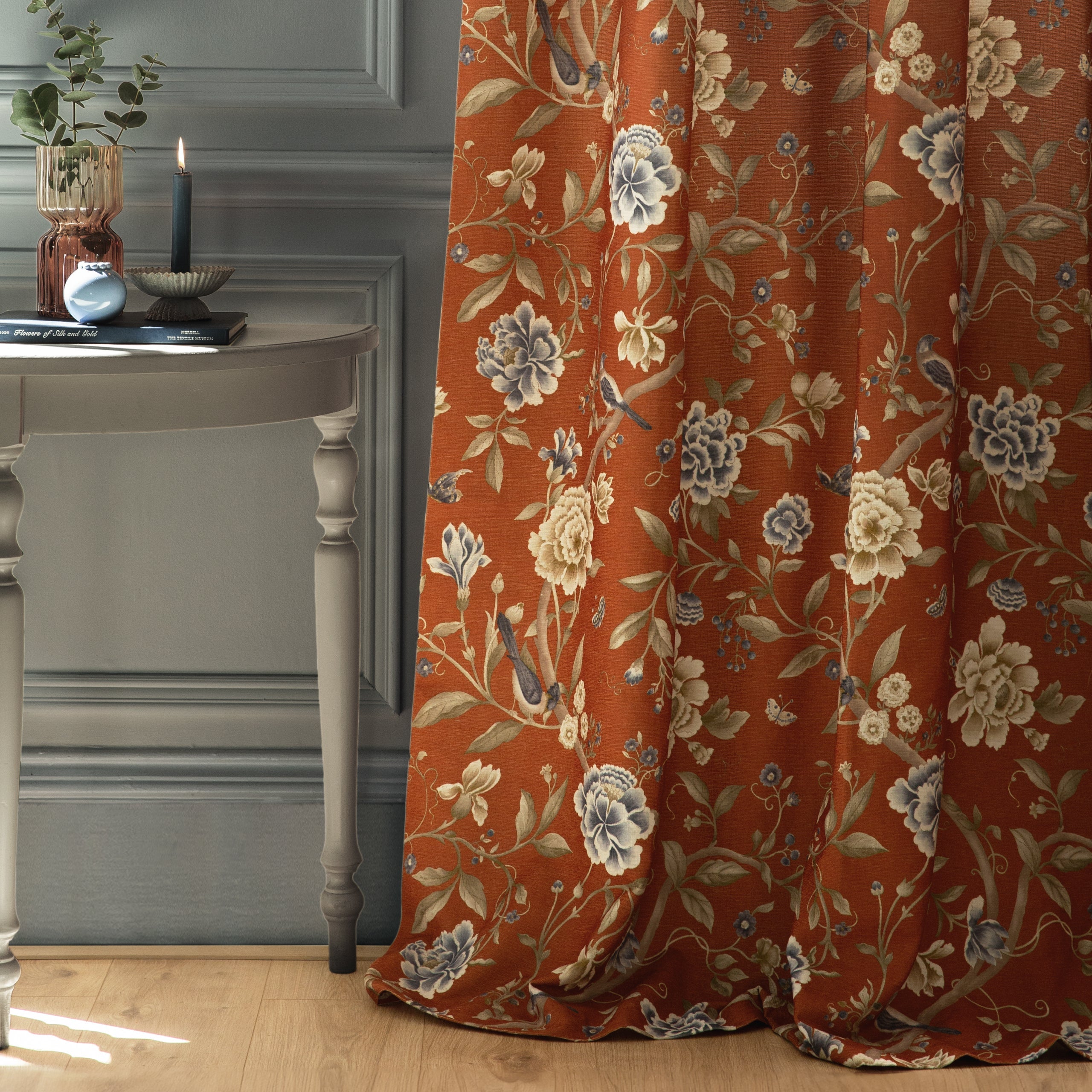 Porcelain Garden Printed Chenille Pencil Pleat Curtains
