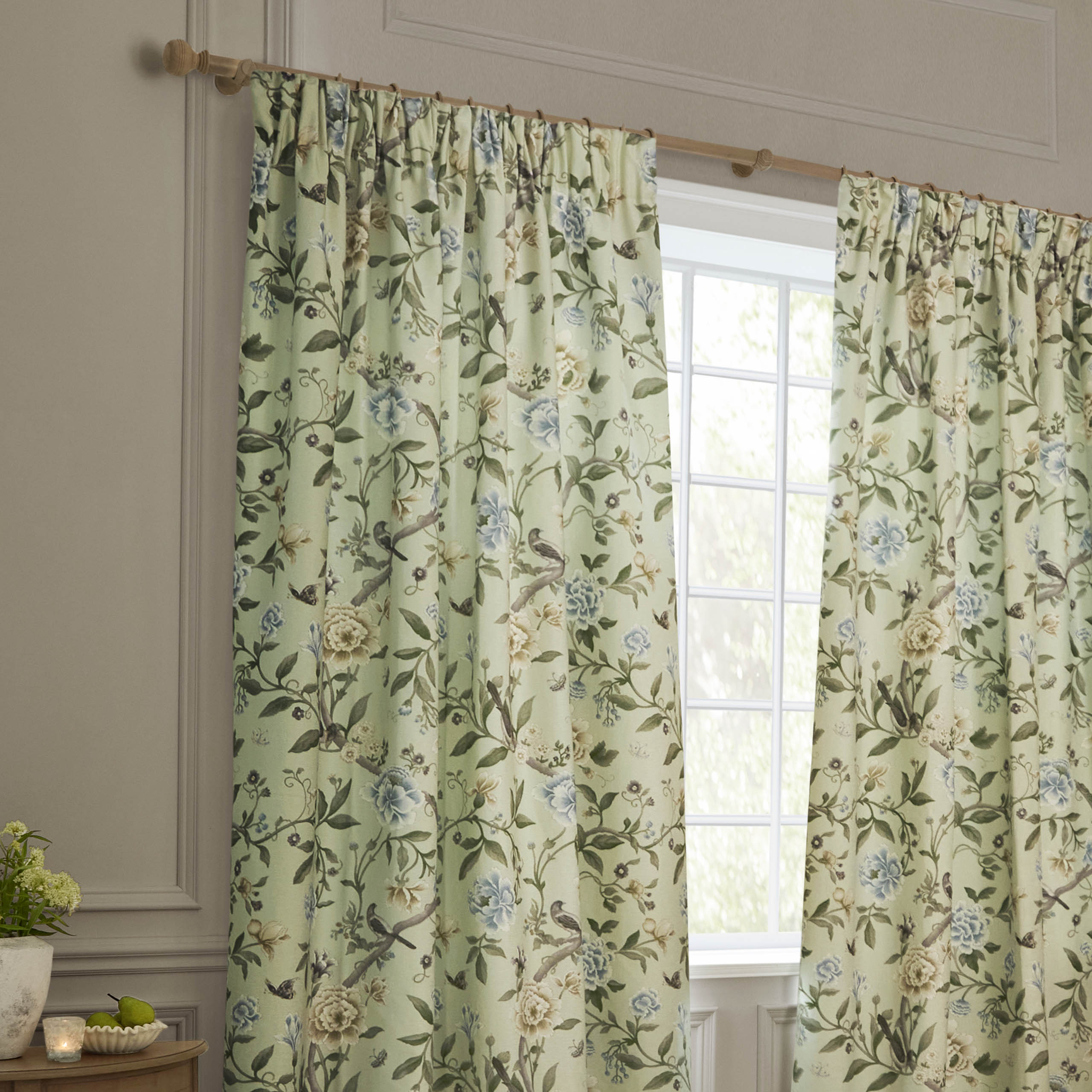 Porcelain Garden Printed Chenille Pencil Pleat Curtains