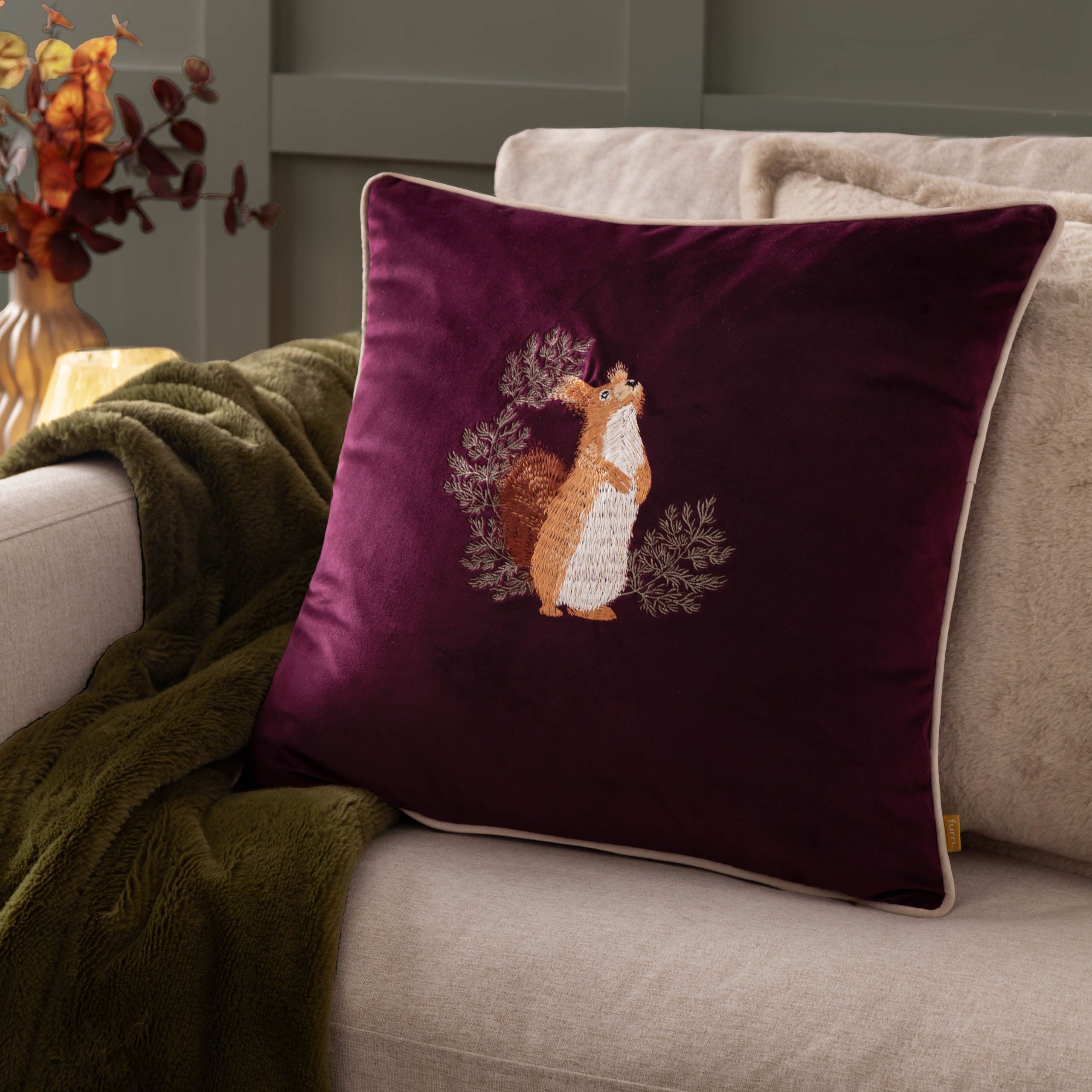 Pineberry Forest Embroidered Velvet Cushion