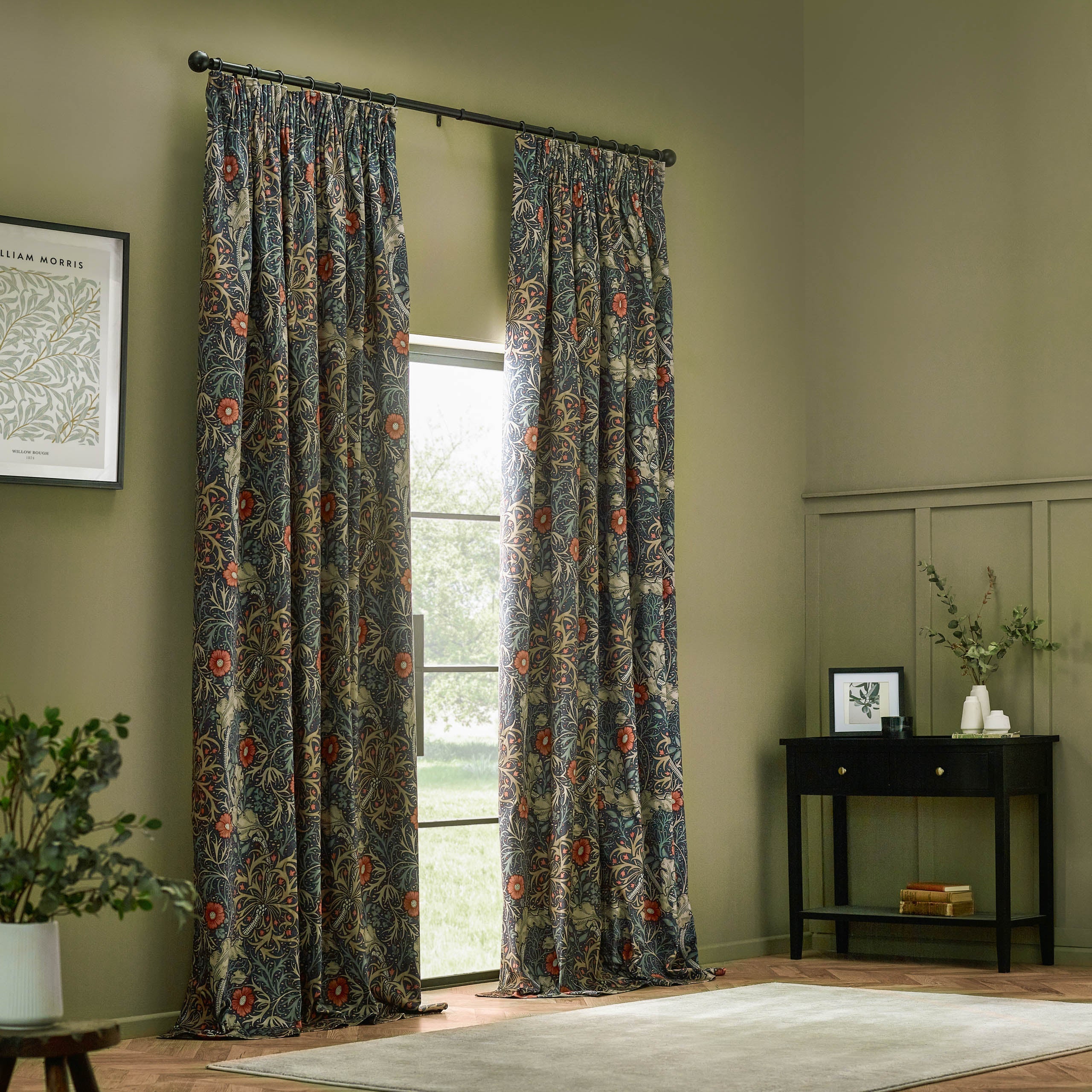 Seaweed Printed Velvet Pencil Pleat Curtains