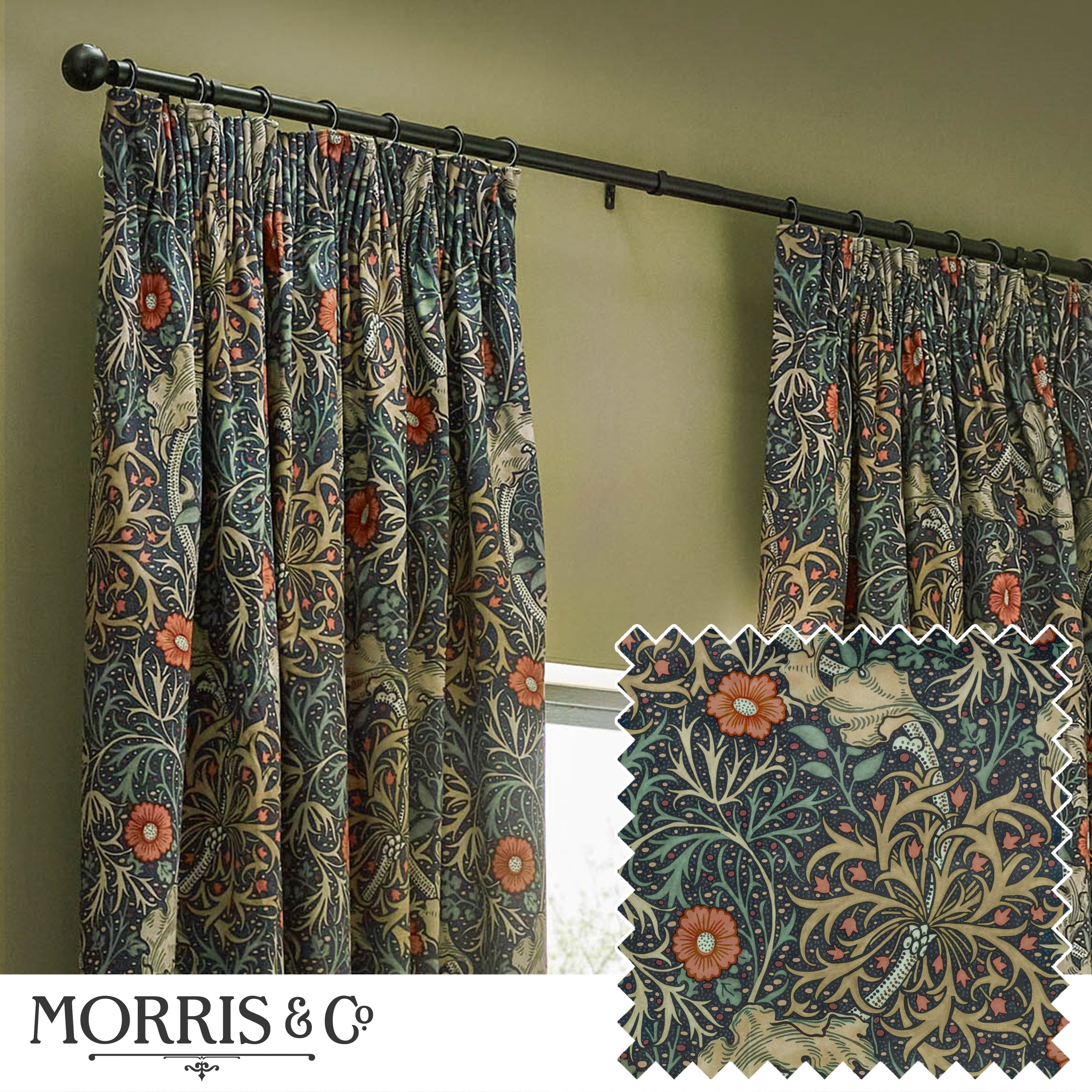 Seaweed Printed Velvet Pencil Pleat Curtains