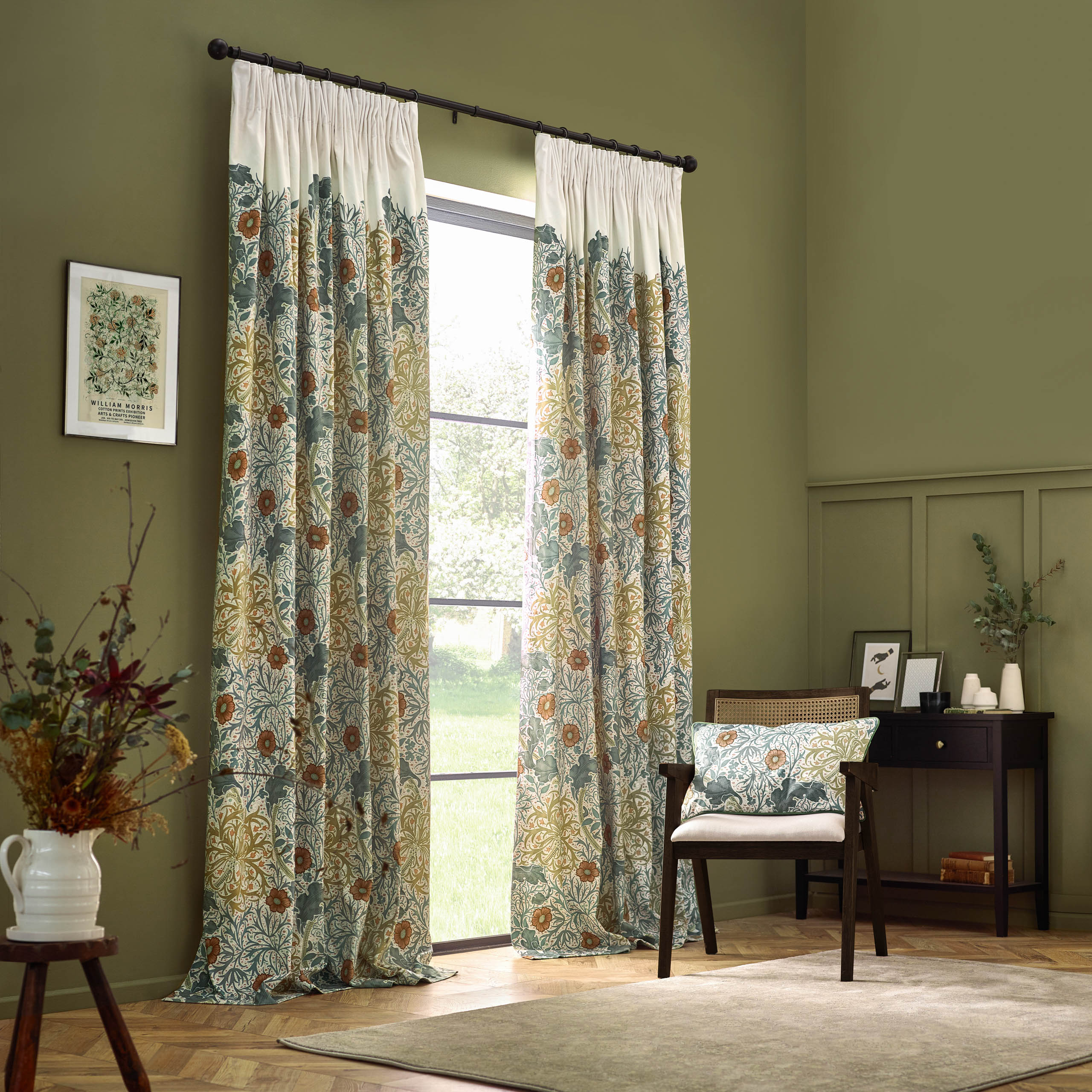 Seaweed Printed Velvet Pencil Pleat Curtains