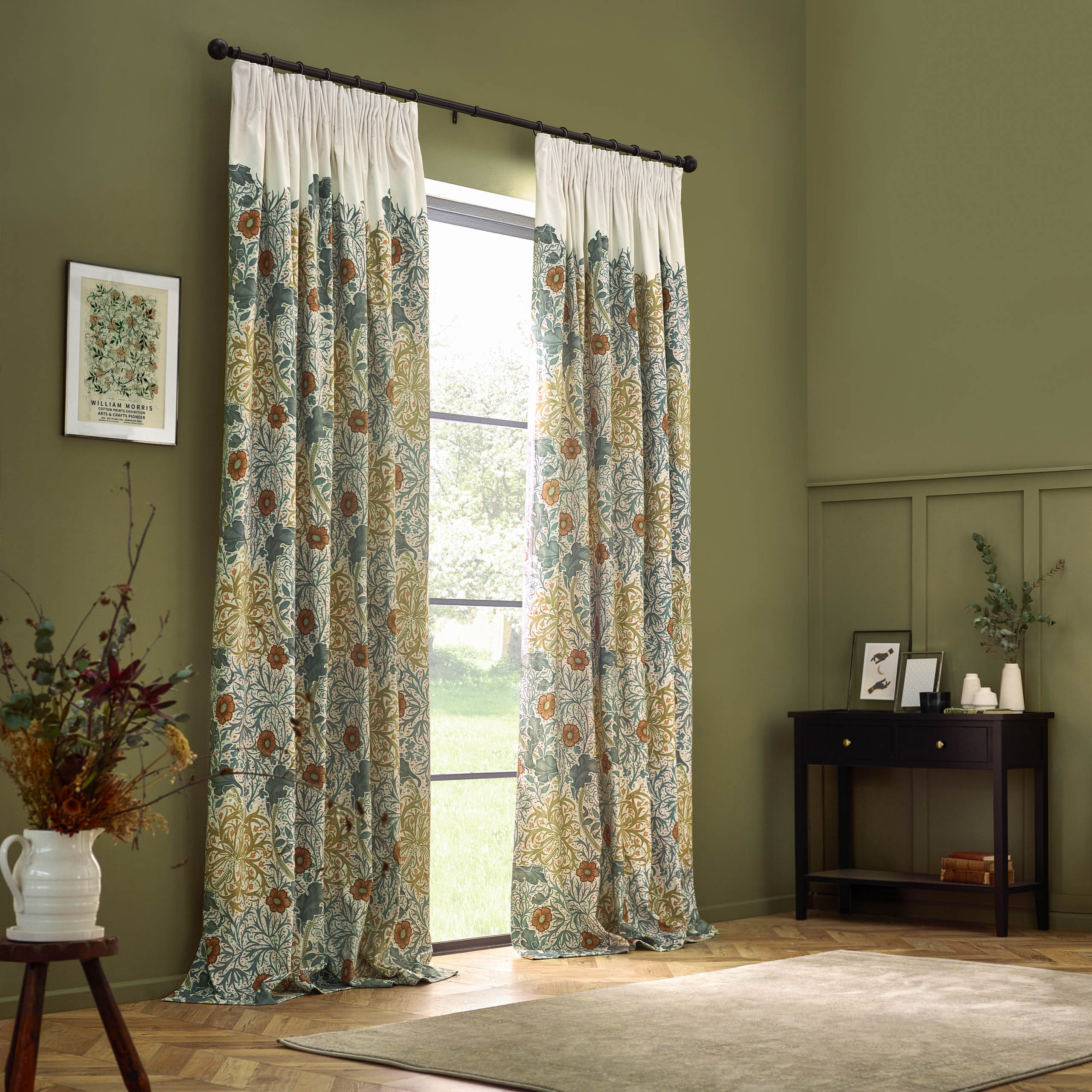 Seaweed Printed Velvet Pencil Pleat Curtains