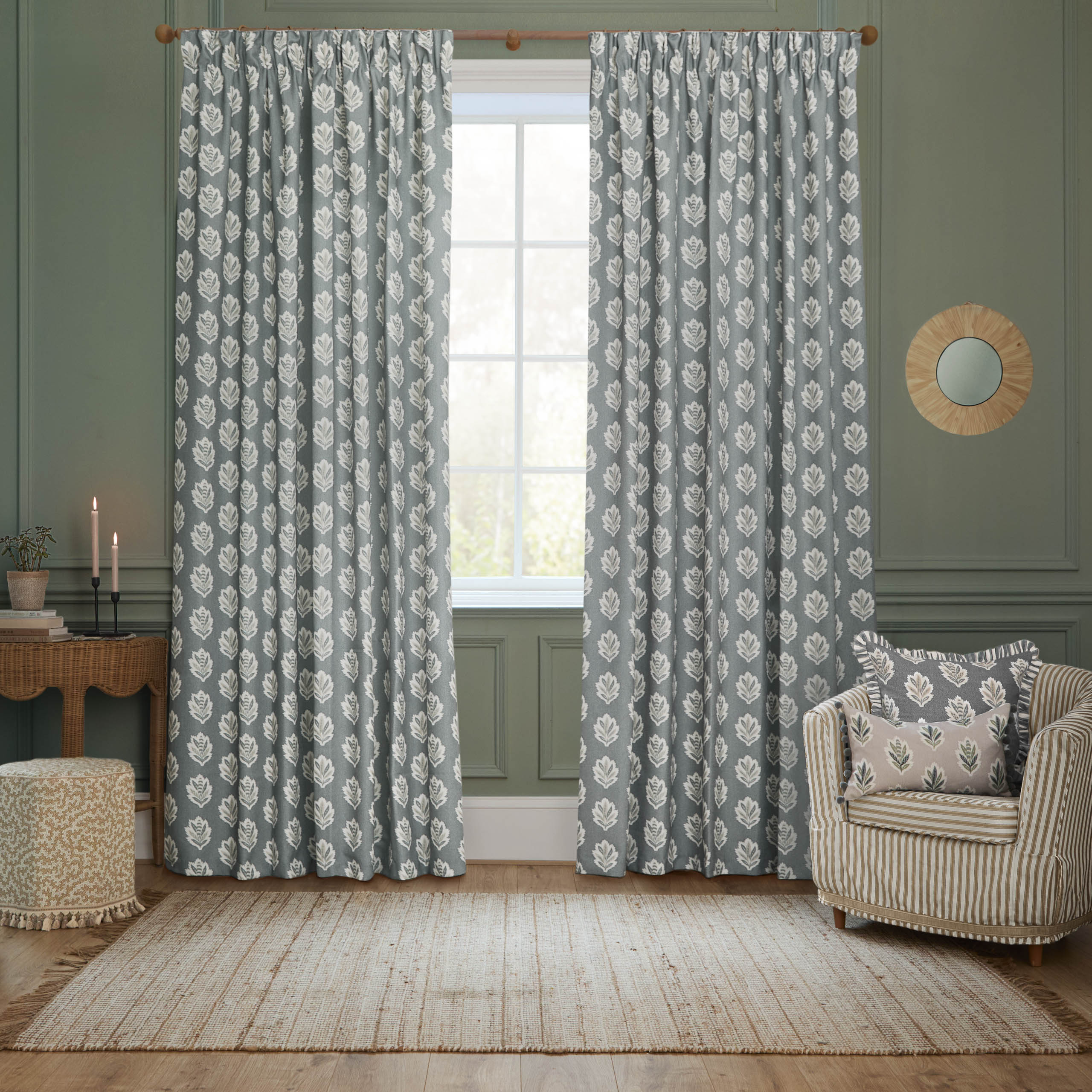 Sessile Leaf Motif Pencil Pleat Curtains