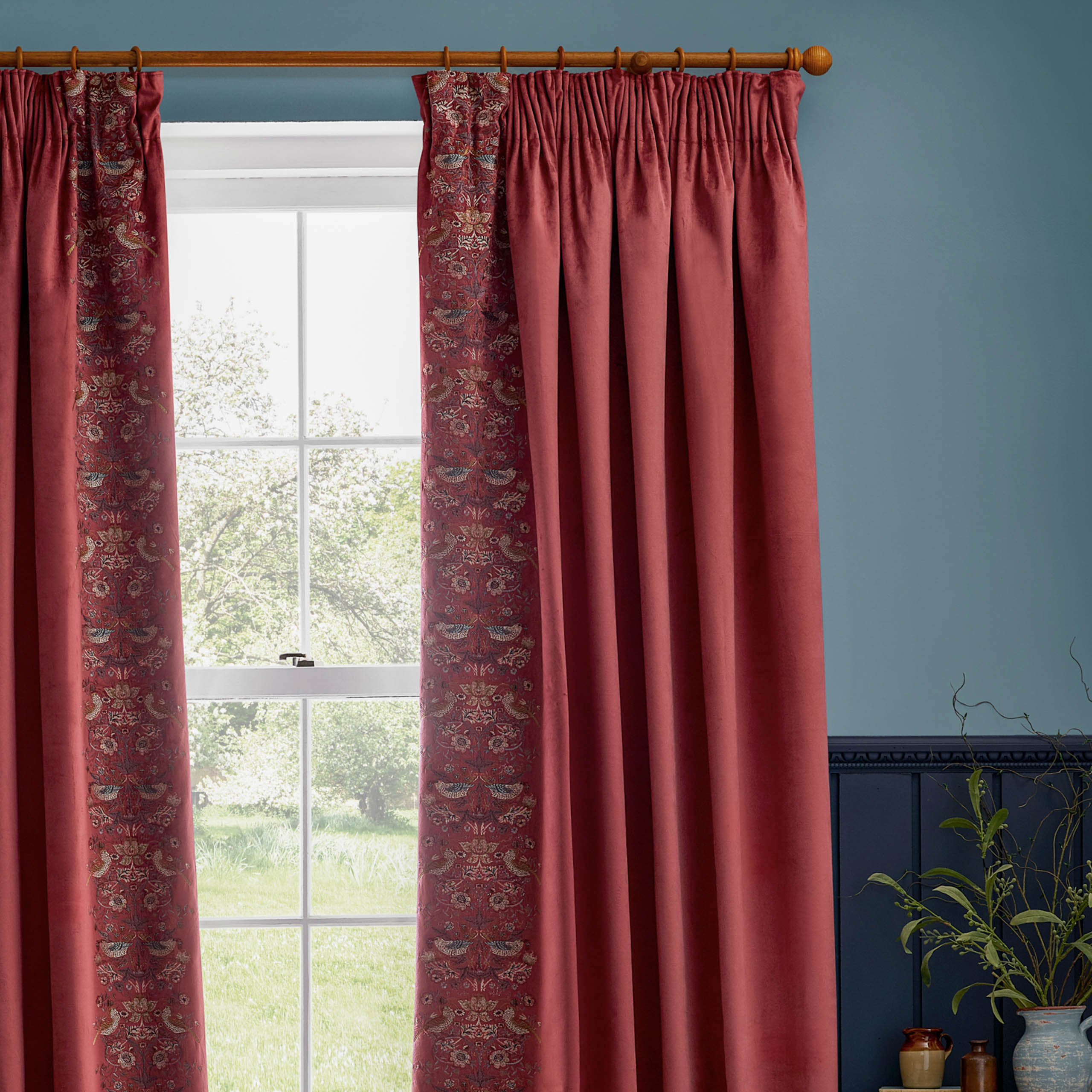 Straw Thief Embroidered Floral Velvet Pencil Pleat Curtains
