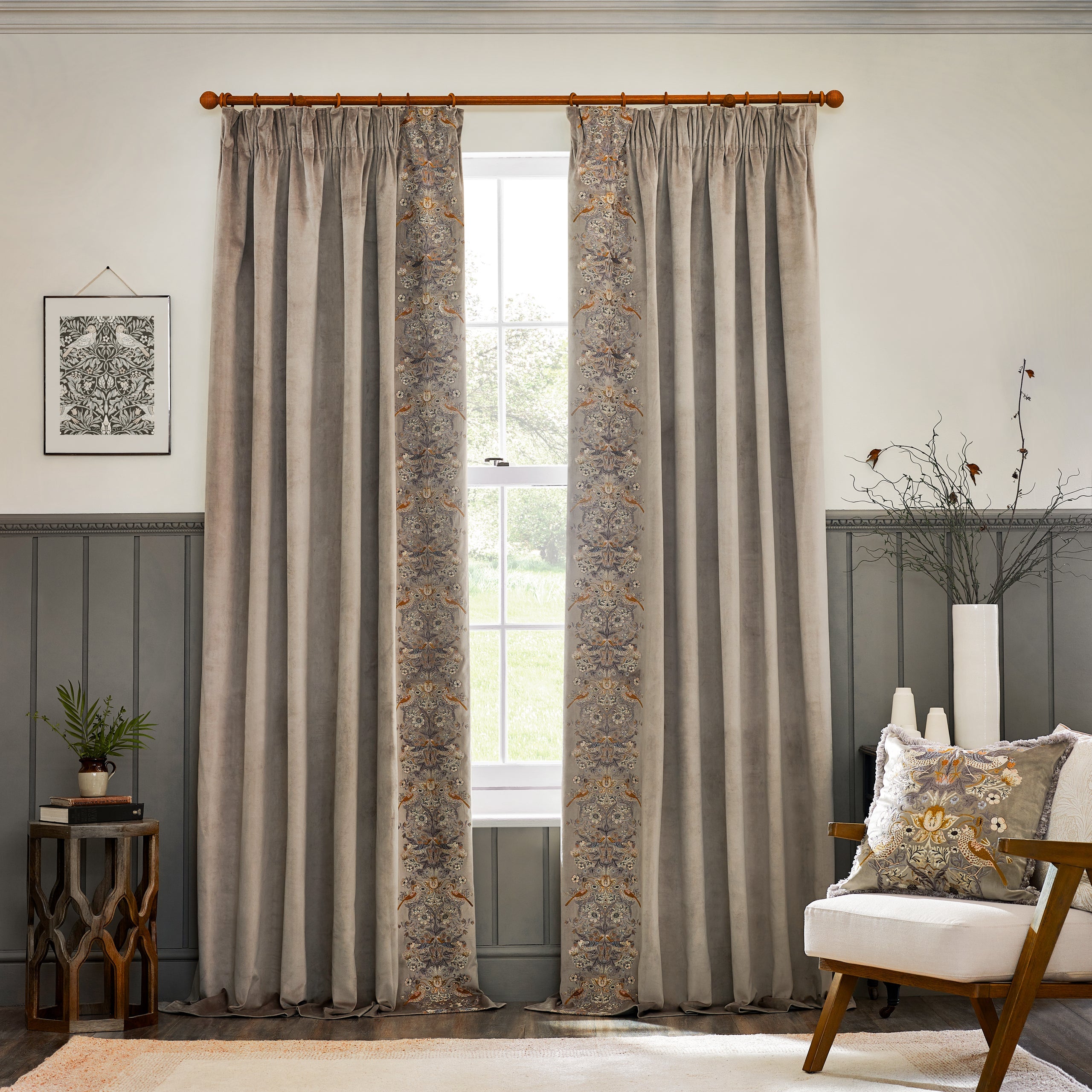 Strawberry Thief Embroidered Floral Velvet Pencil Pleat Curtains