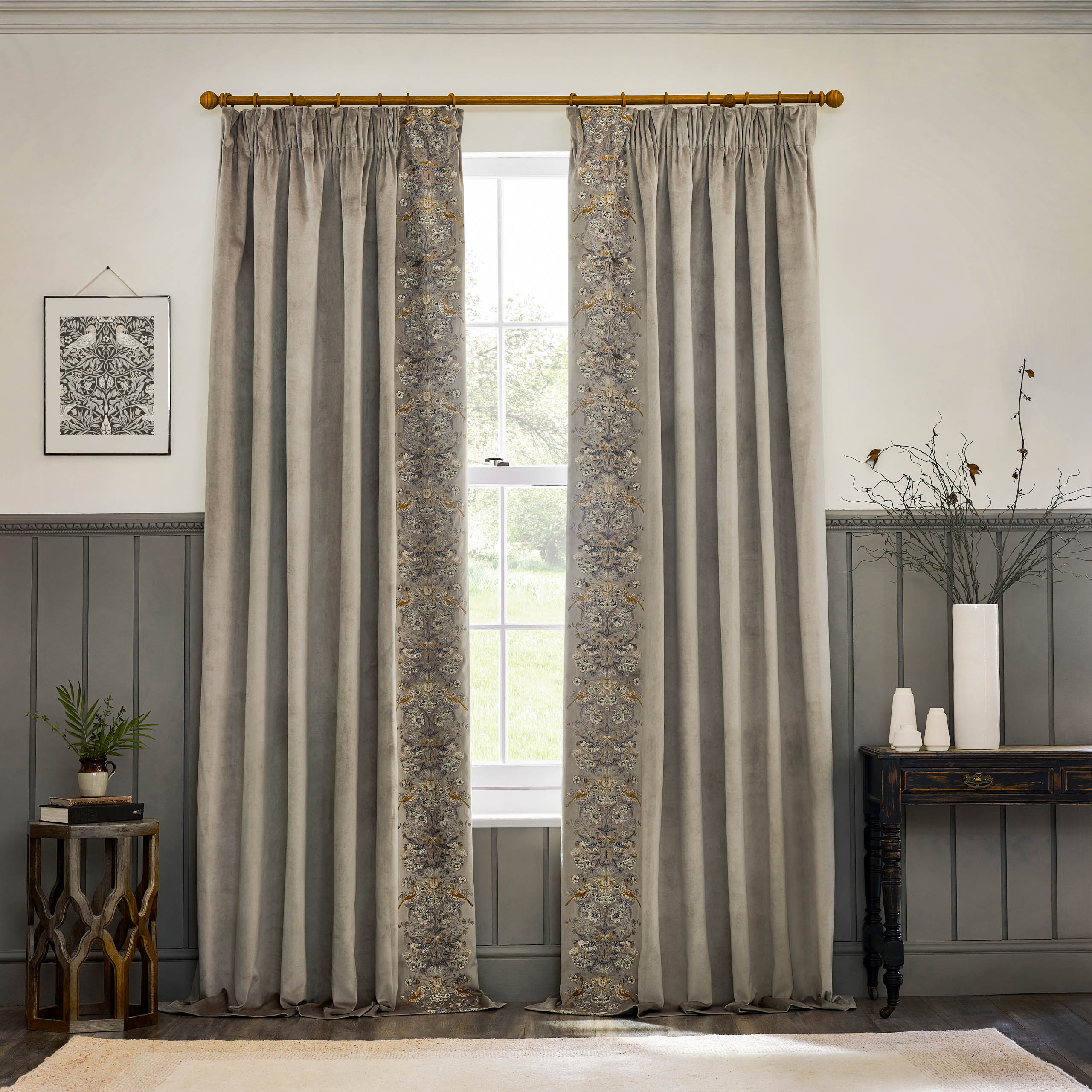 Strawberry Thief Embroidered Floral Velvet Pencil Pleat Curtains