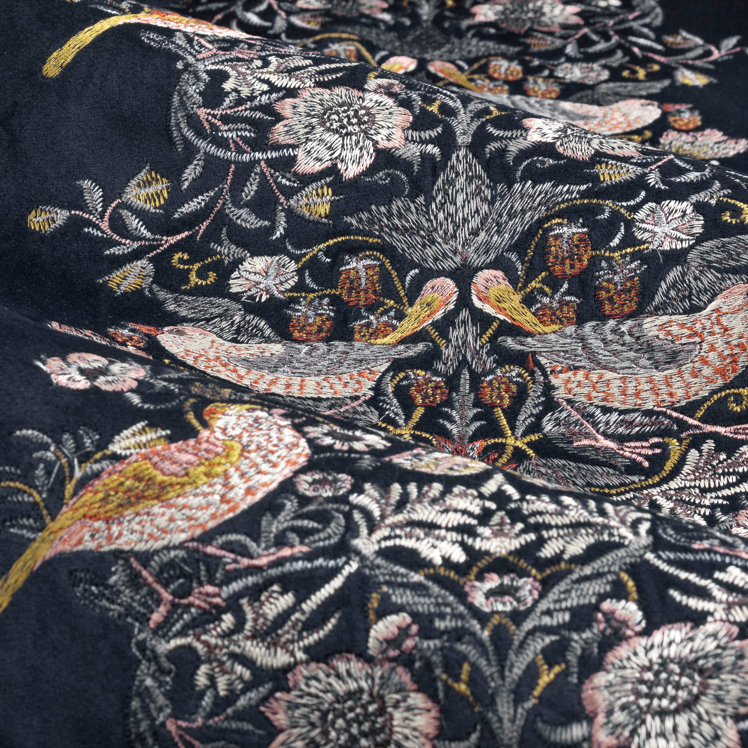 Strawberry Thief Embroidered Floral Velvet Pencil Pleat Curtains