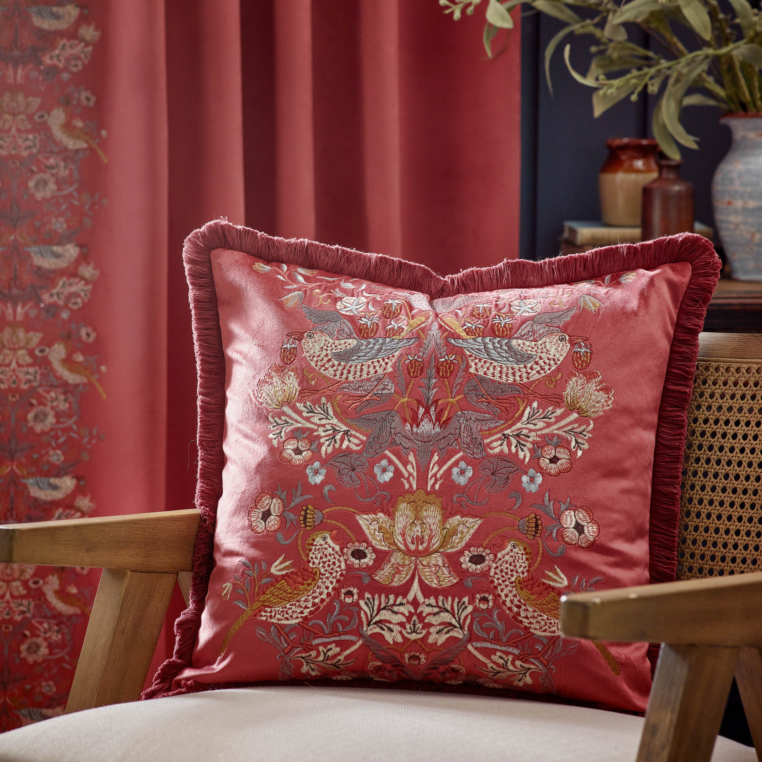 Straw Thief Embroidered Velvet Cushion