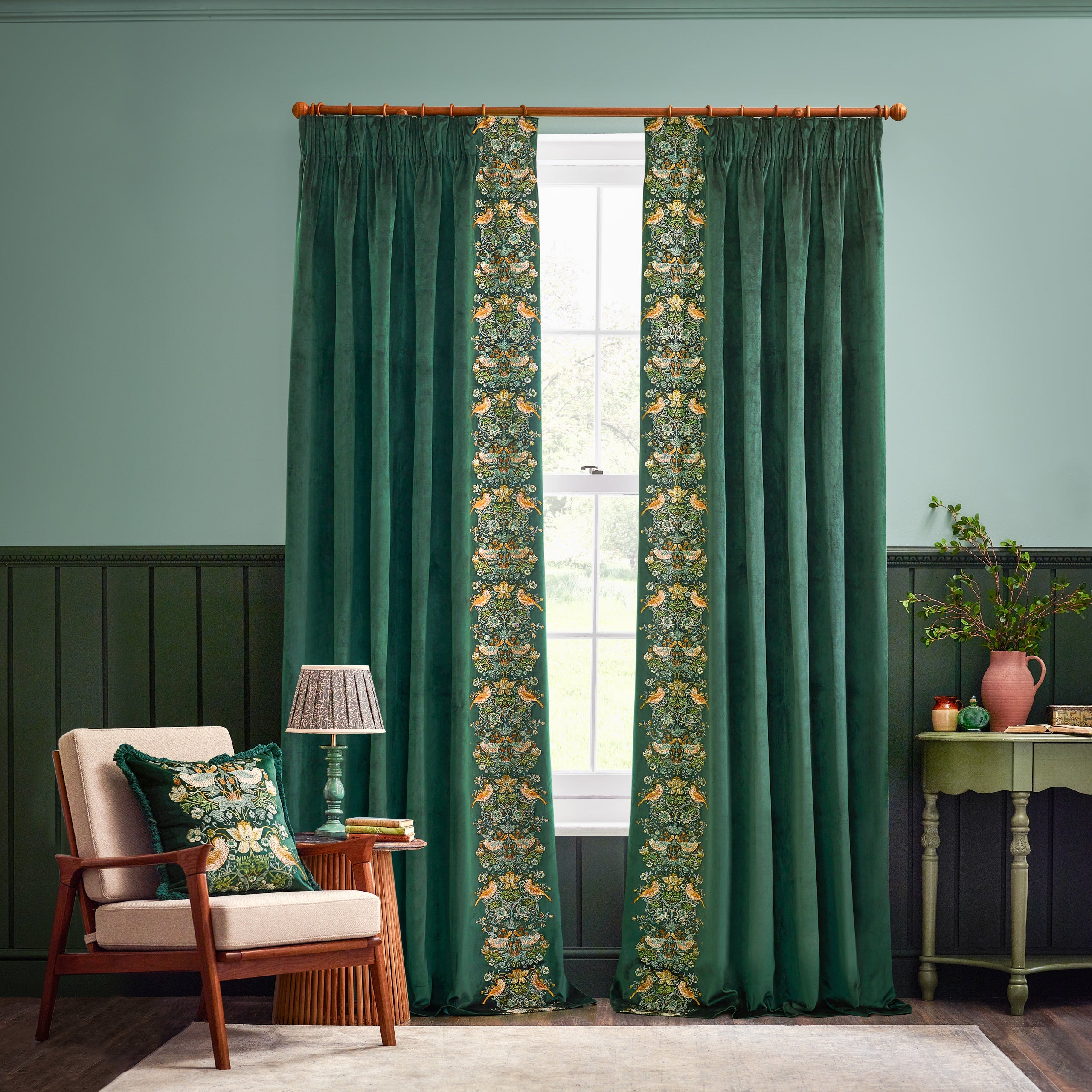 Strawberry Thief Embroidered Velvet Cushion Forest