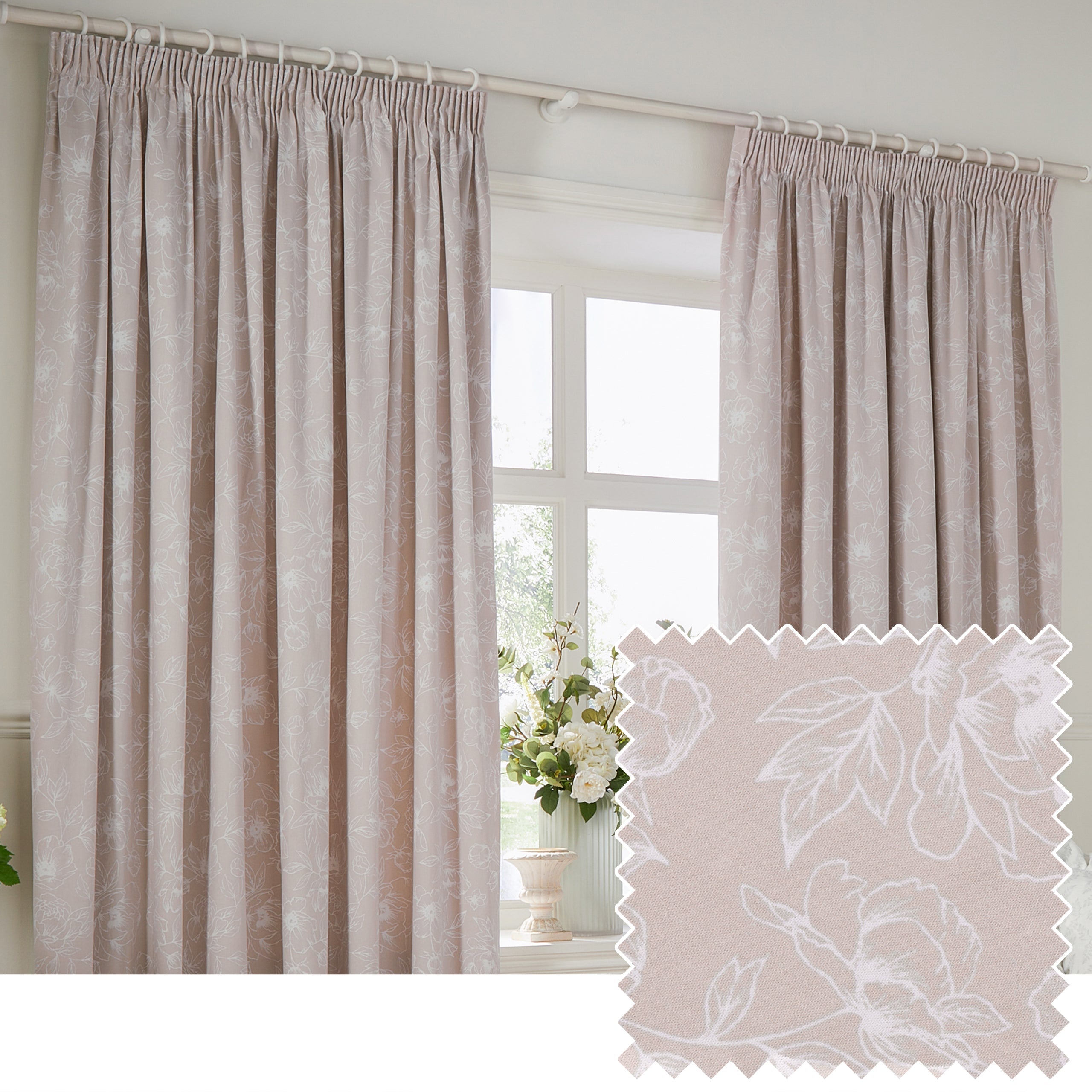 Bella Floral 100% Cotton Lined Pencil Pleat Curtains