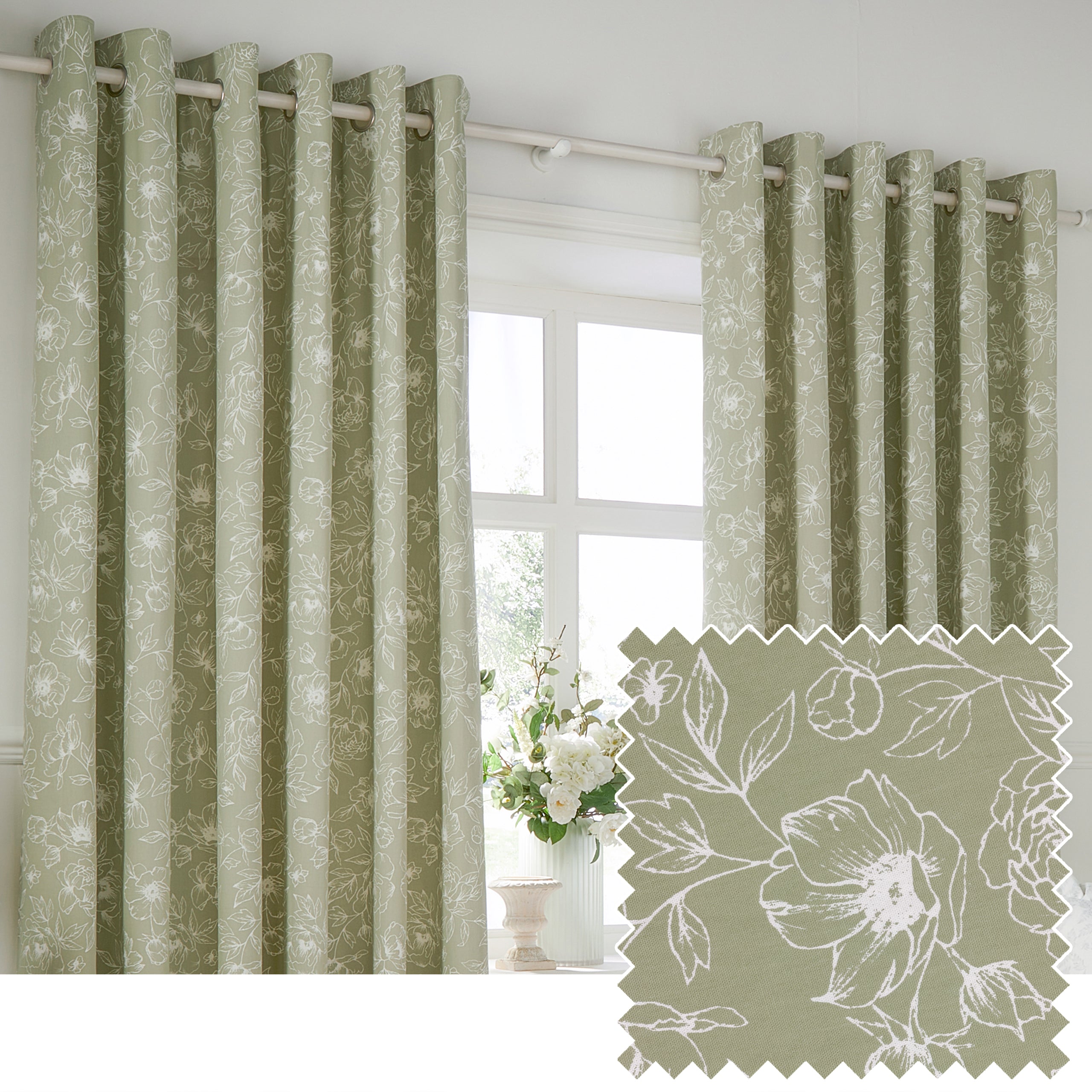 Bella Floral 100% Cotton Lined Eyelet Curtains