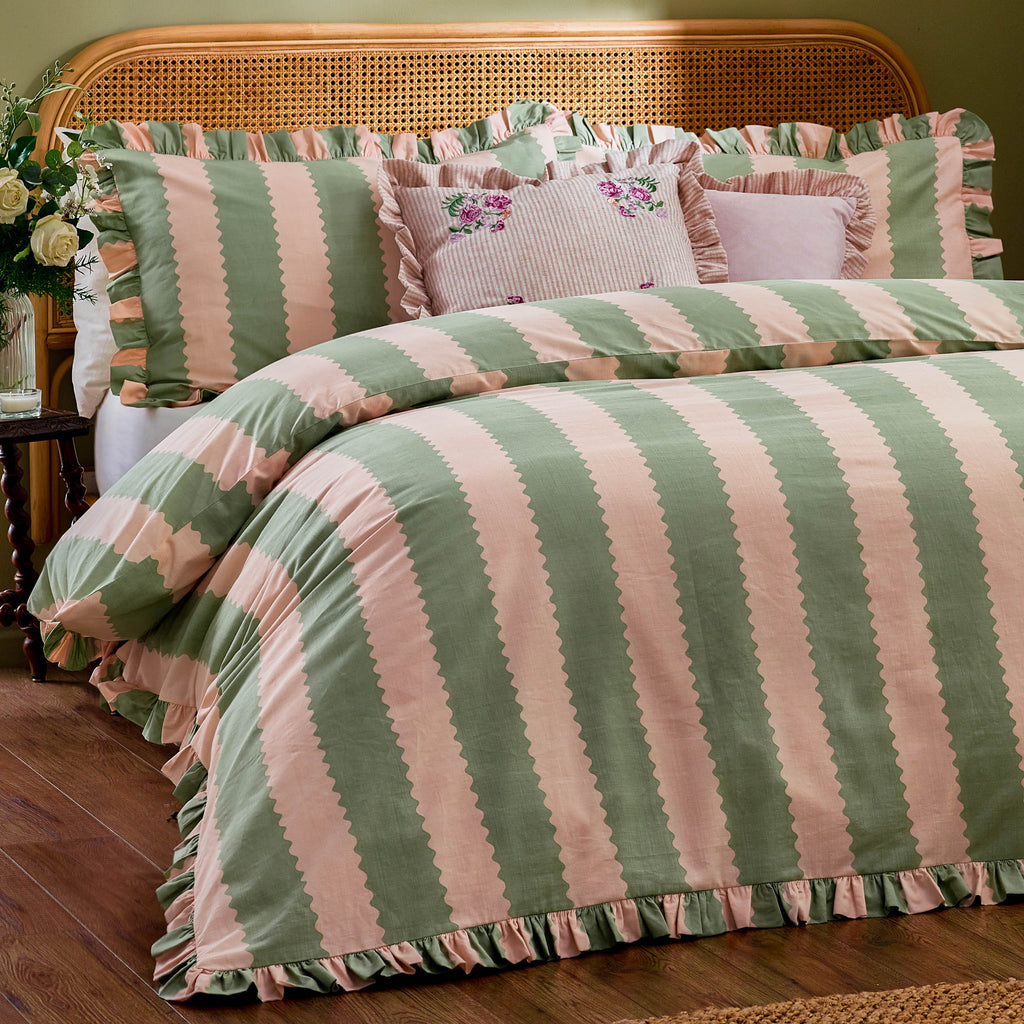 Birdie Stripe Ruffle Duvet Cover Set
