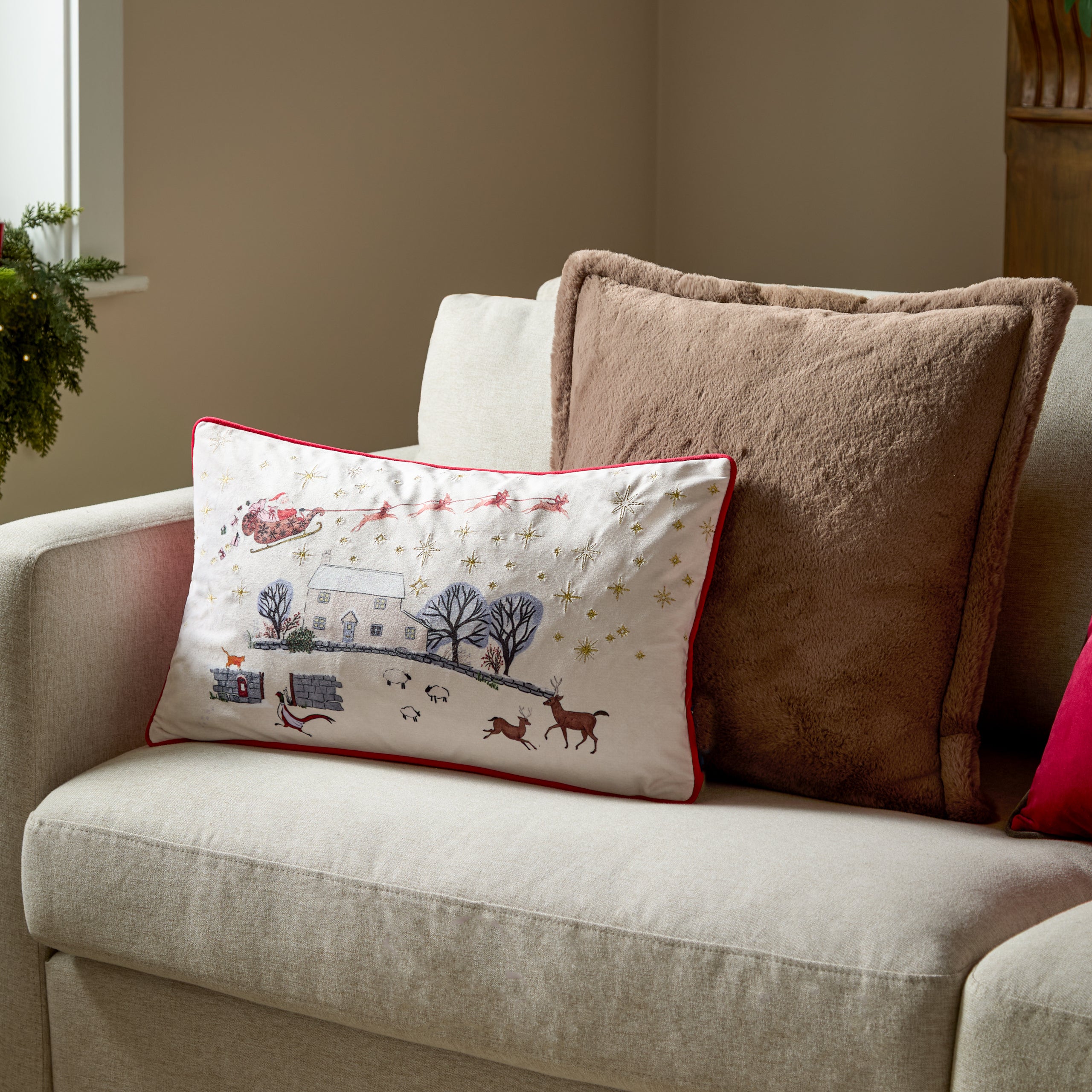 Cotswold Christmas Embroidered Velvet Cushion
