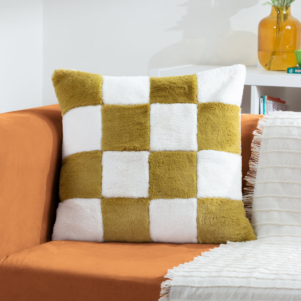 Cozee Check Faux Fur Cushion