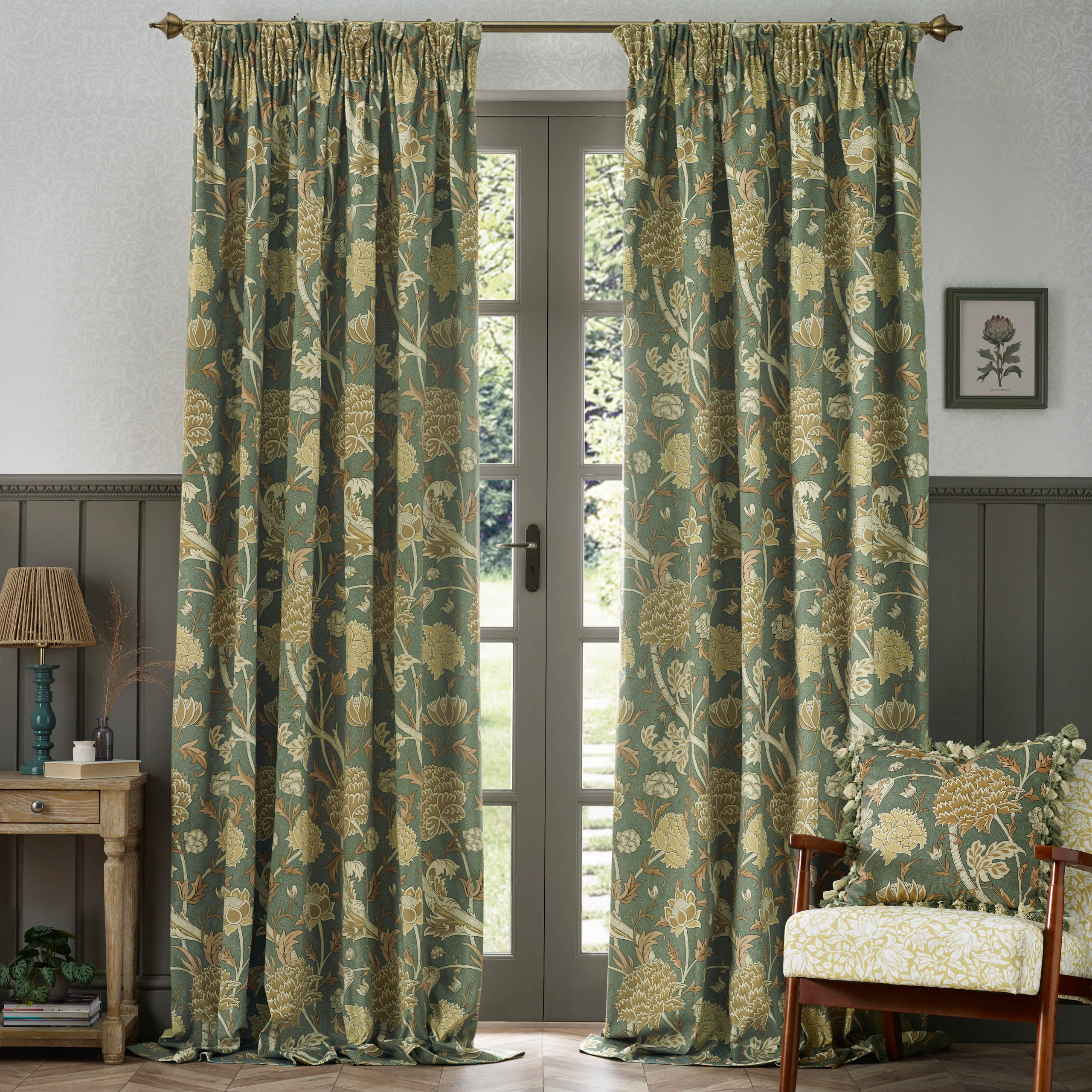 Cray Floral Velvet Pencil Pleat Curtains