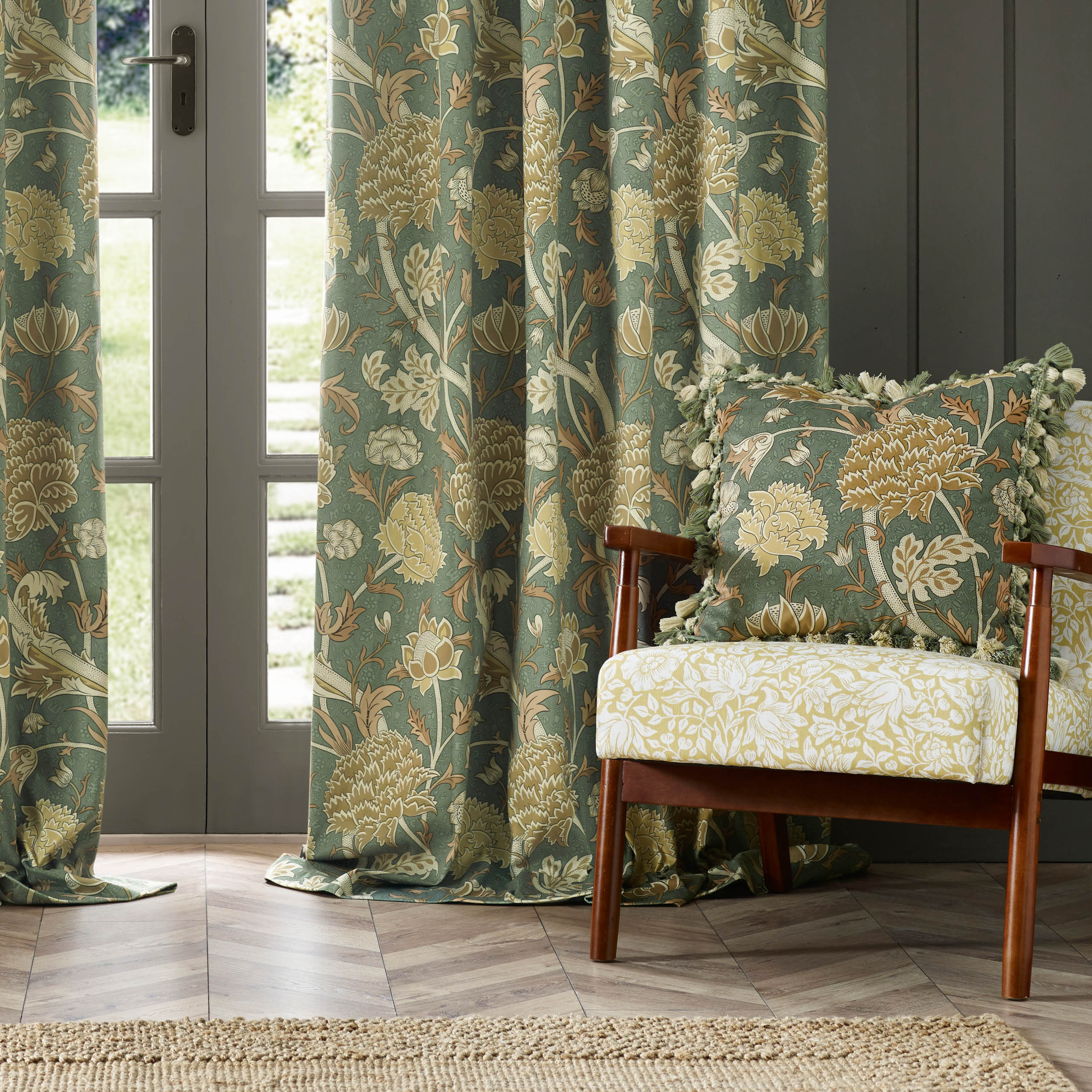 Cray Floral Velvet Pencil Pleat Curtains
