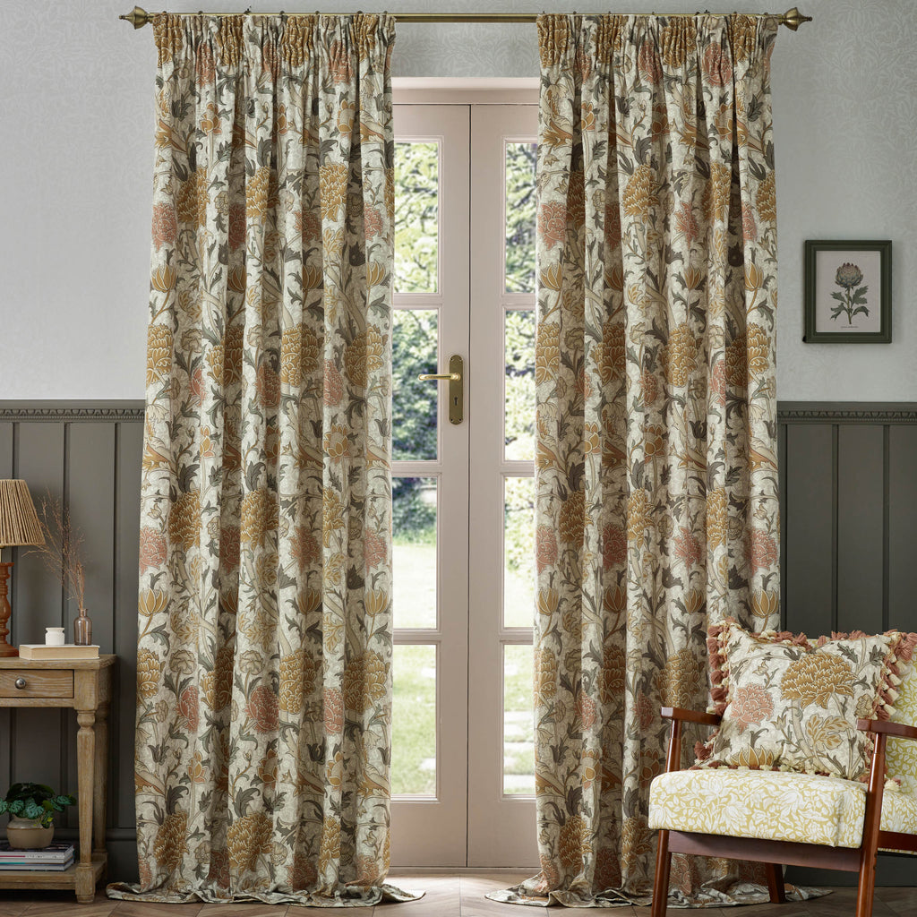 Cray Floral Velvet Pencil Pleat Curtains