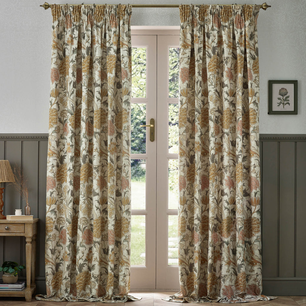 Cray Floral Velvet Pencil Pleat Curtains