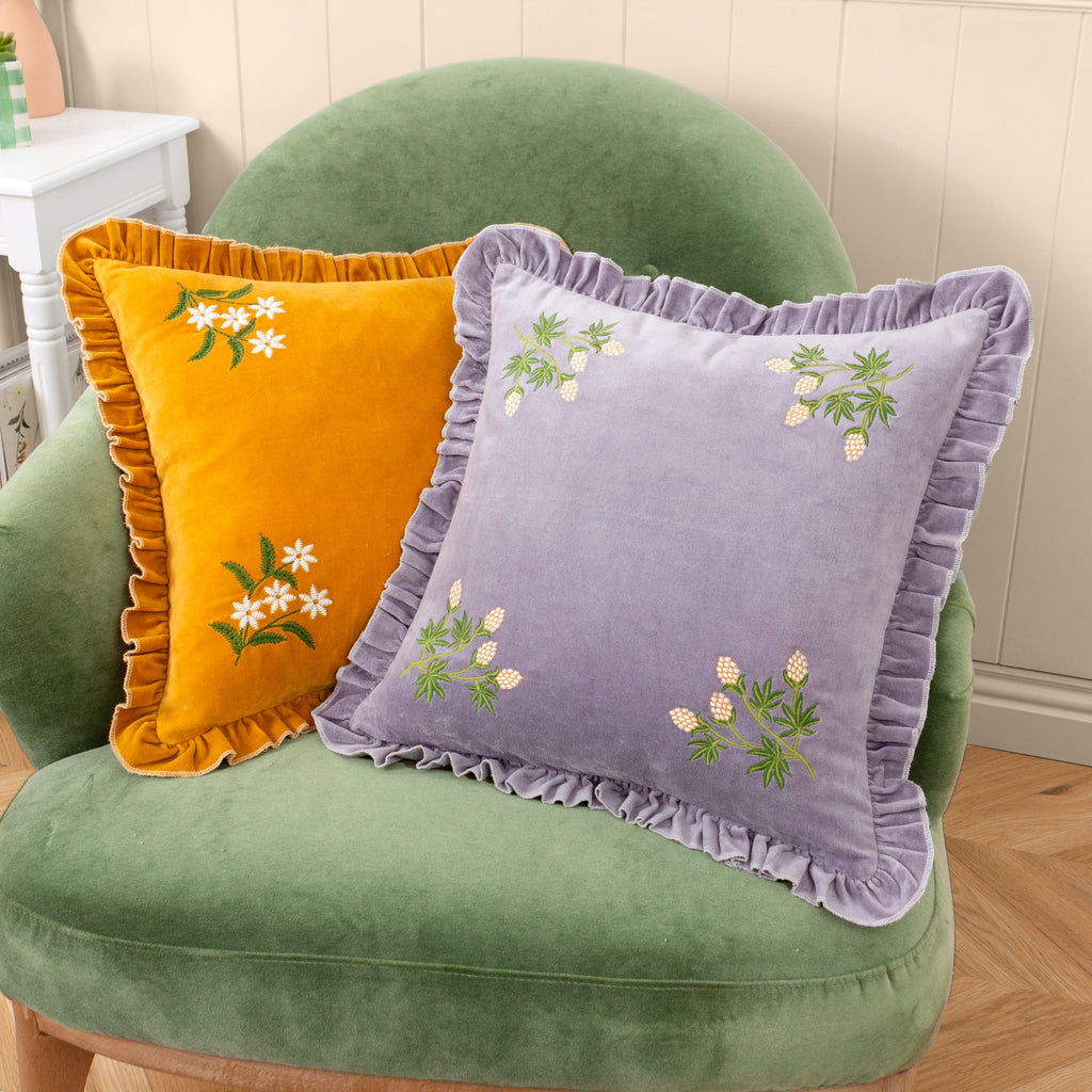 Daisy Frill Embroidered Velvet Cushion
