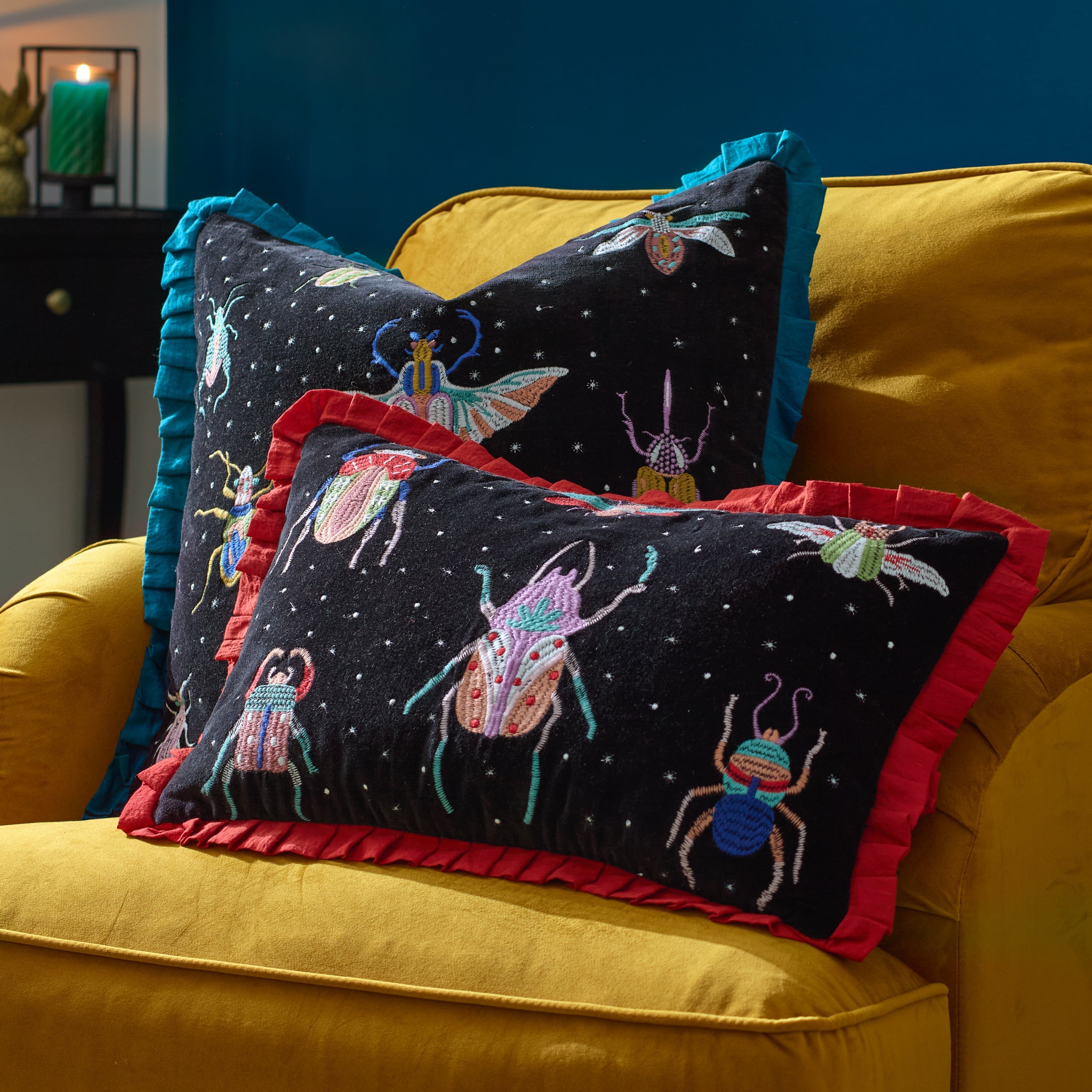 Darkling Beetles Embroidered Velvet Cushion
