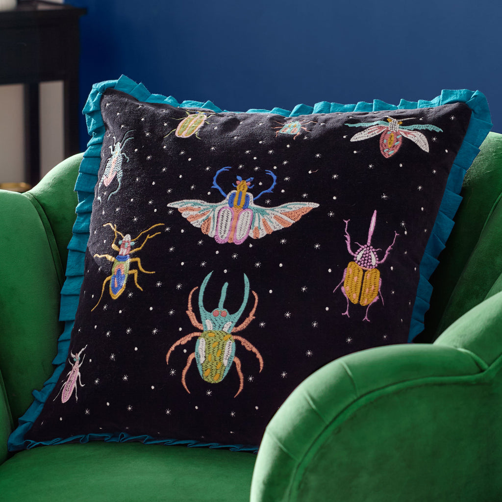 Darkling Beetles Embroidered Velvet Cushion