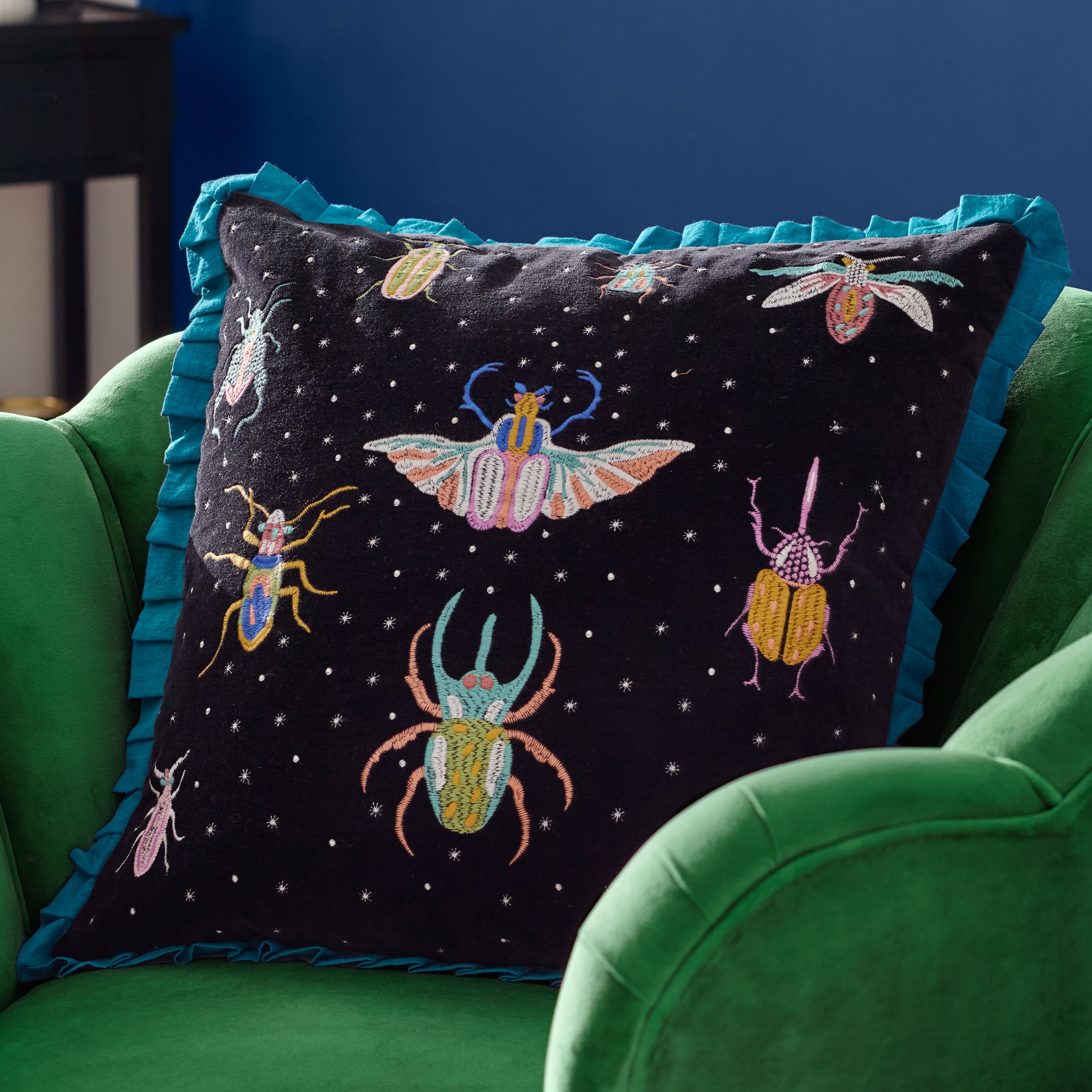 Darkling Beetles Embroidered Velvet Cushion