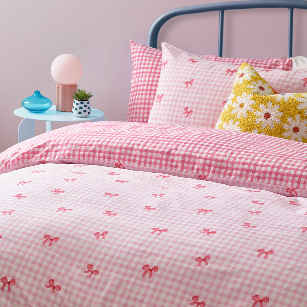 Gingham Bows Printed Duvet Cover Set
