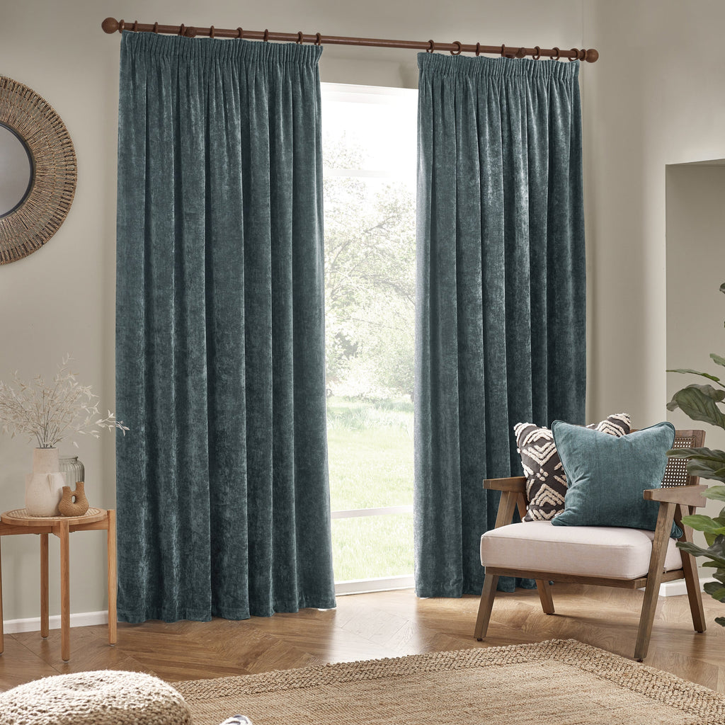 Heavy Chenille Velvet Room Darkening Pencil Pleat Curtains