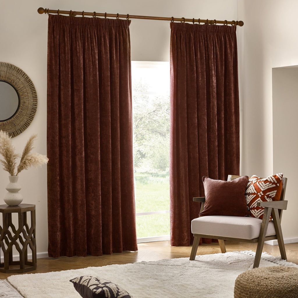 Heavy Chenille Velvet Room Darkening Pencil Pleat Curtains