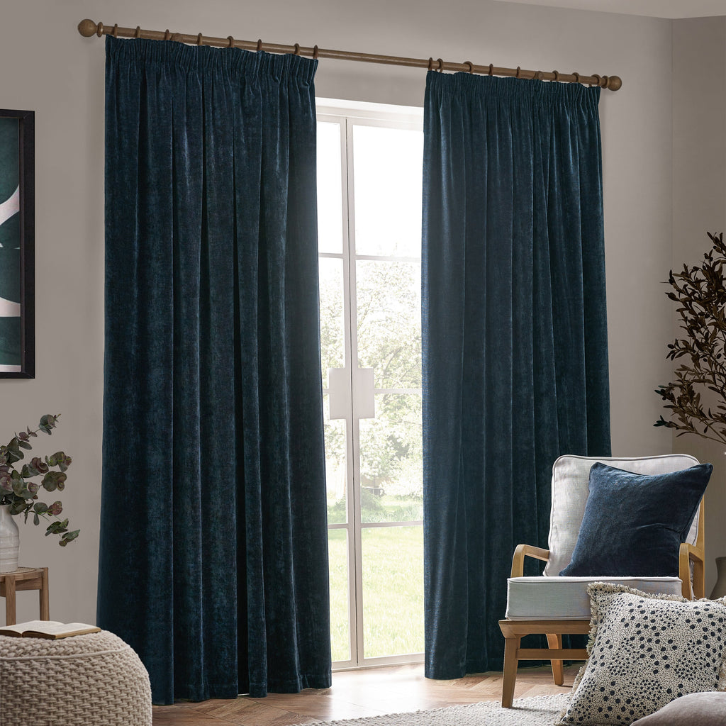 Heavy Chenille Velvet Room Darkening Pencil Pleat Curtains