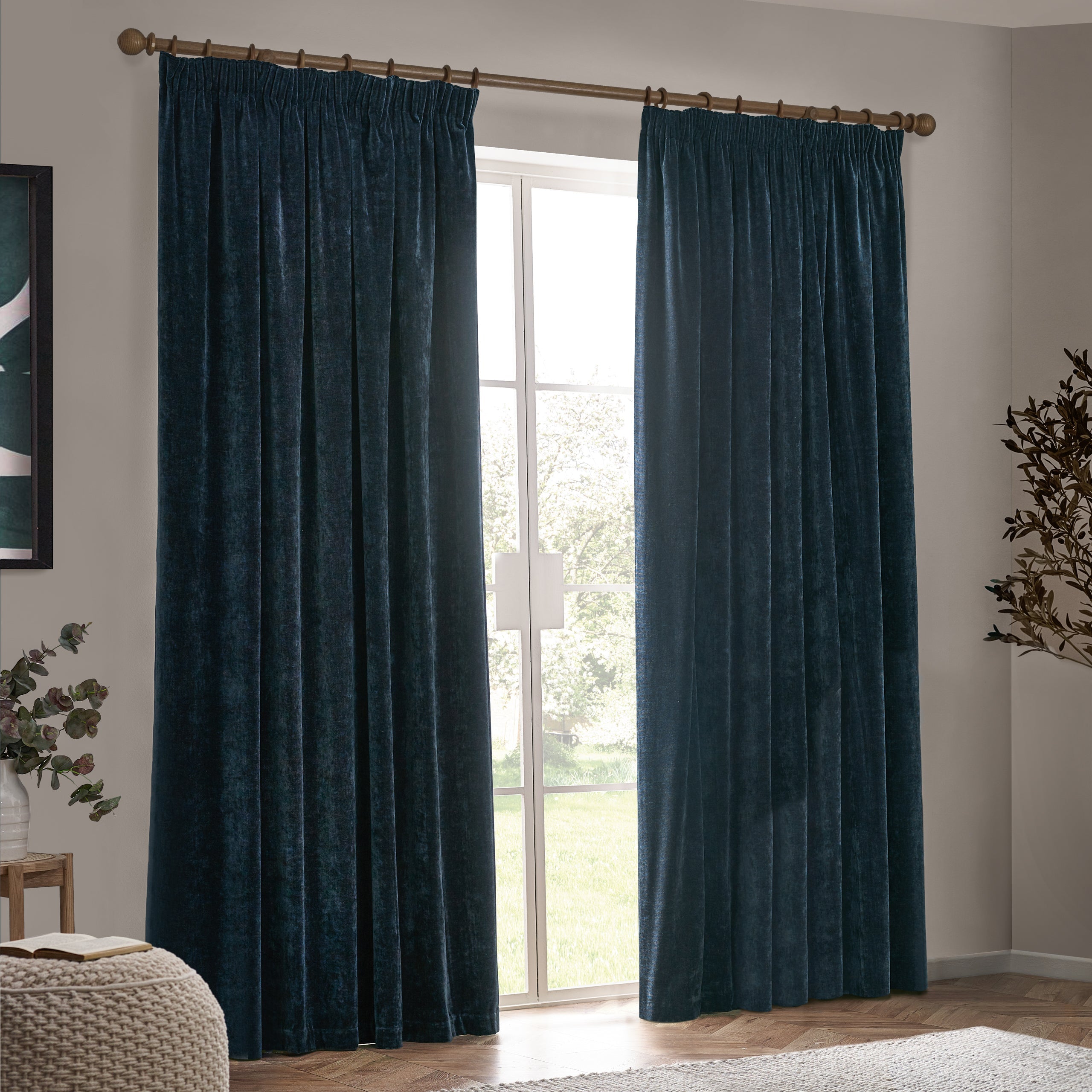 Heavy Chenille Velvet Room Darkening Pencil Pleat Curtains
