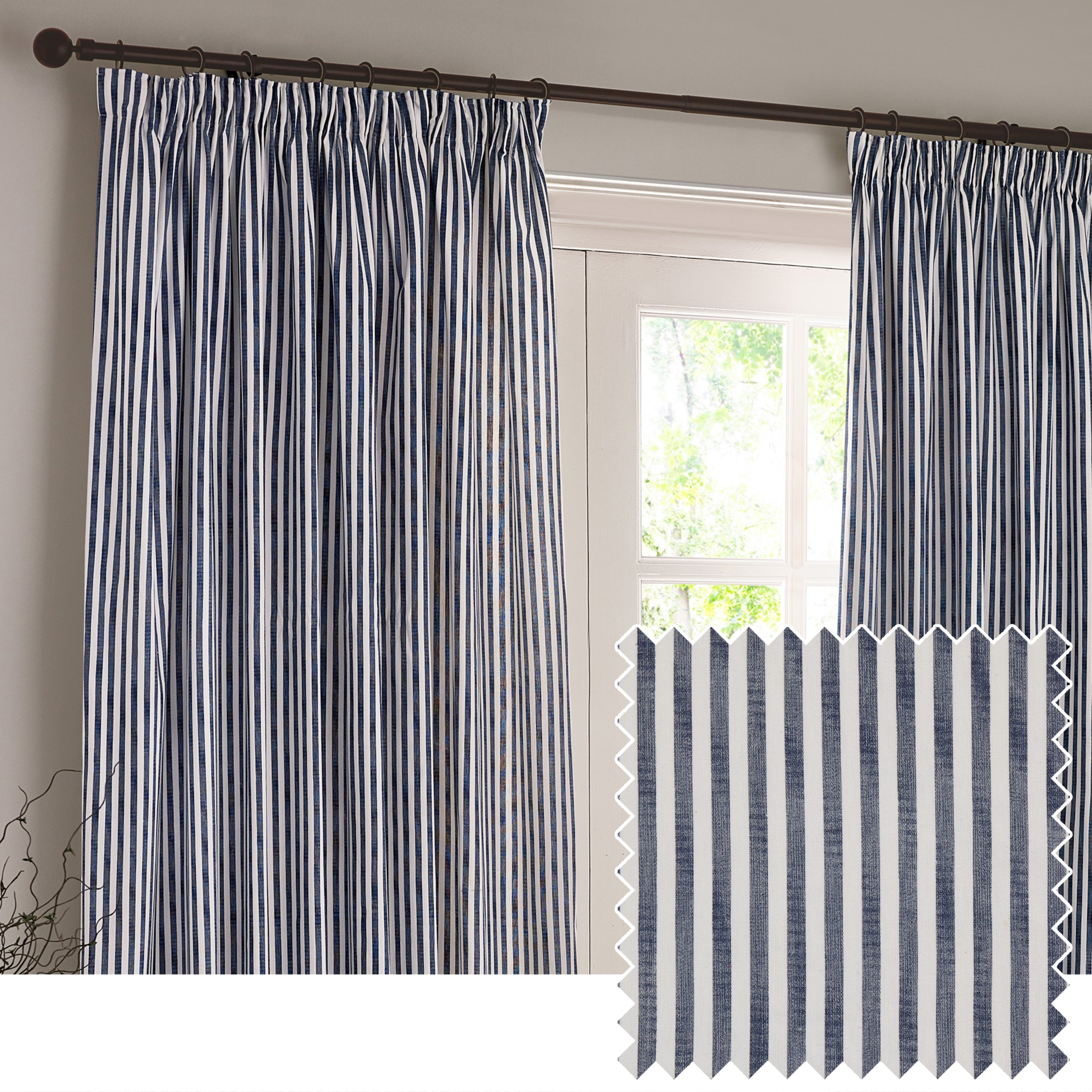 Hebden Striped 100% Cotton Lined Pencil Pleat Curtains