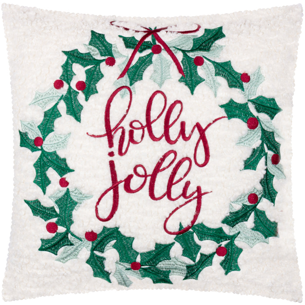 Holly Wreath Embroidered Cushion