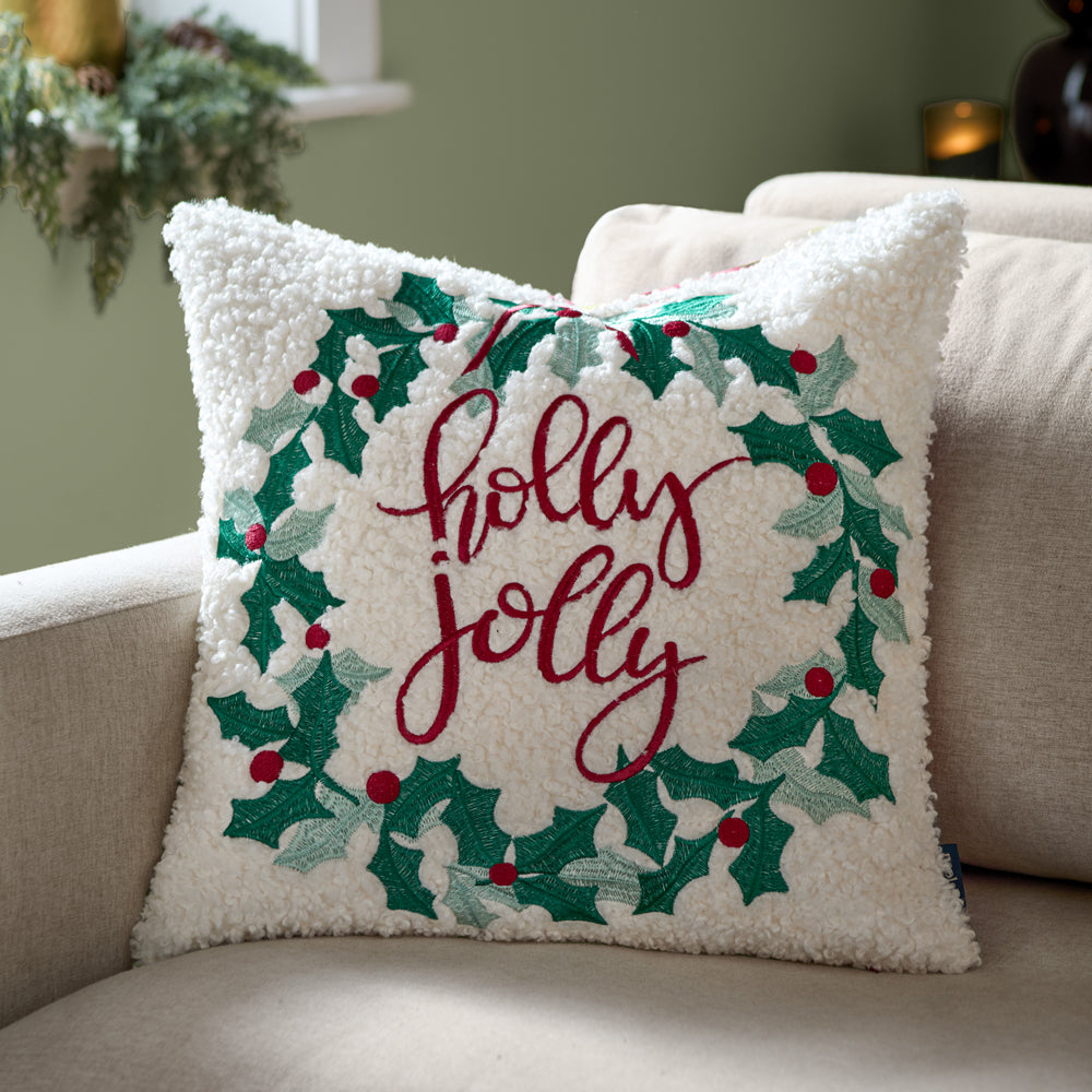 Holly Wreath Embroidered Cushion