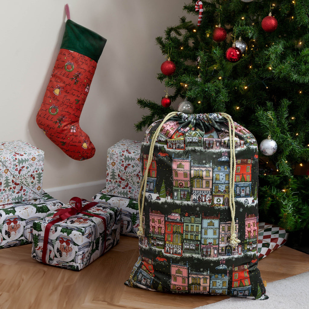 Christmas Spirit Printed Velvet Xmas Stocking + Sack